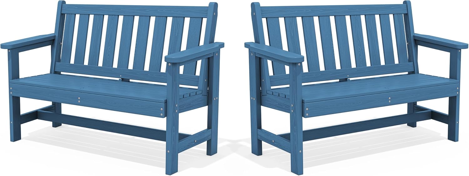 SERWALL HDPE Outdoor Benches Weatherproof, 2-Person Garden Bench with 660 lbs Weight Capacity, Patio Benches for Outdoors, Garden, Porch, Park, Navy, 2 Pack