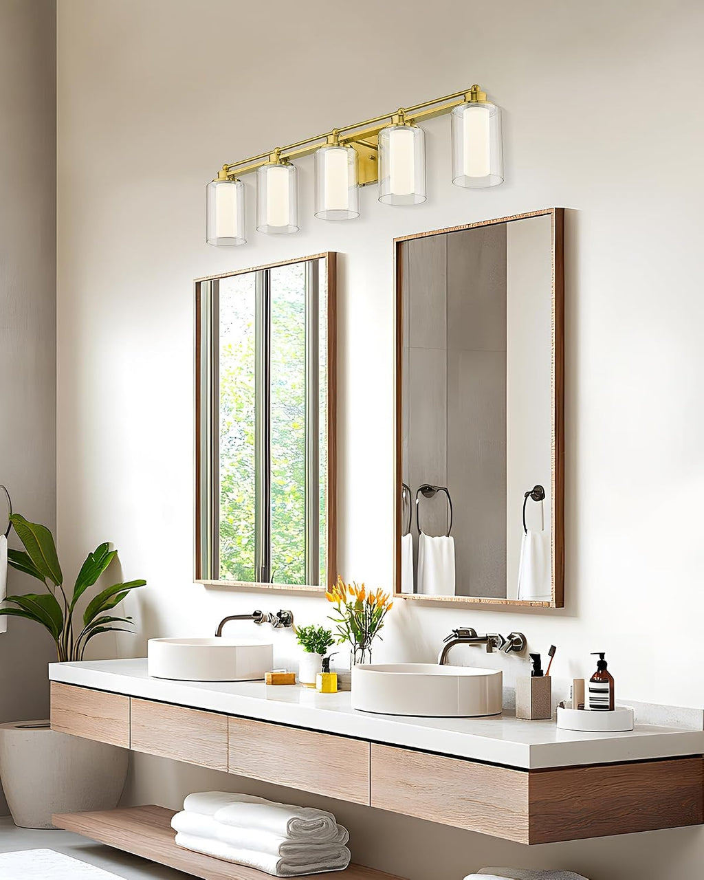 5 Light Vanity Light, HWH Brushed Gold Bathroom Light Fixtures Modern Vanity Lights Over Mirror with Clear Glass, 30W 5CCT Dimmable LED Vanity Lights for Bathroom, 5HLT63B-5W-LED BG