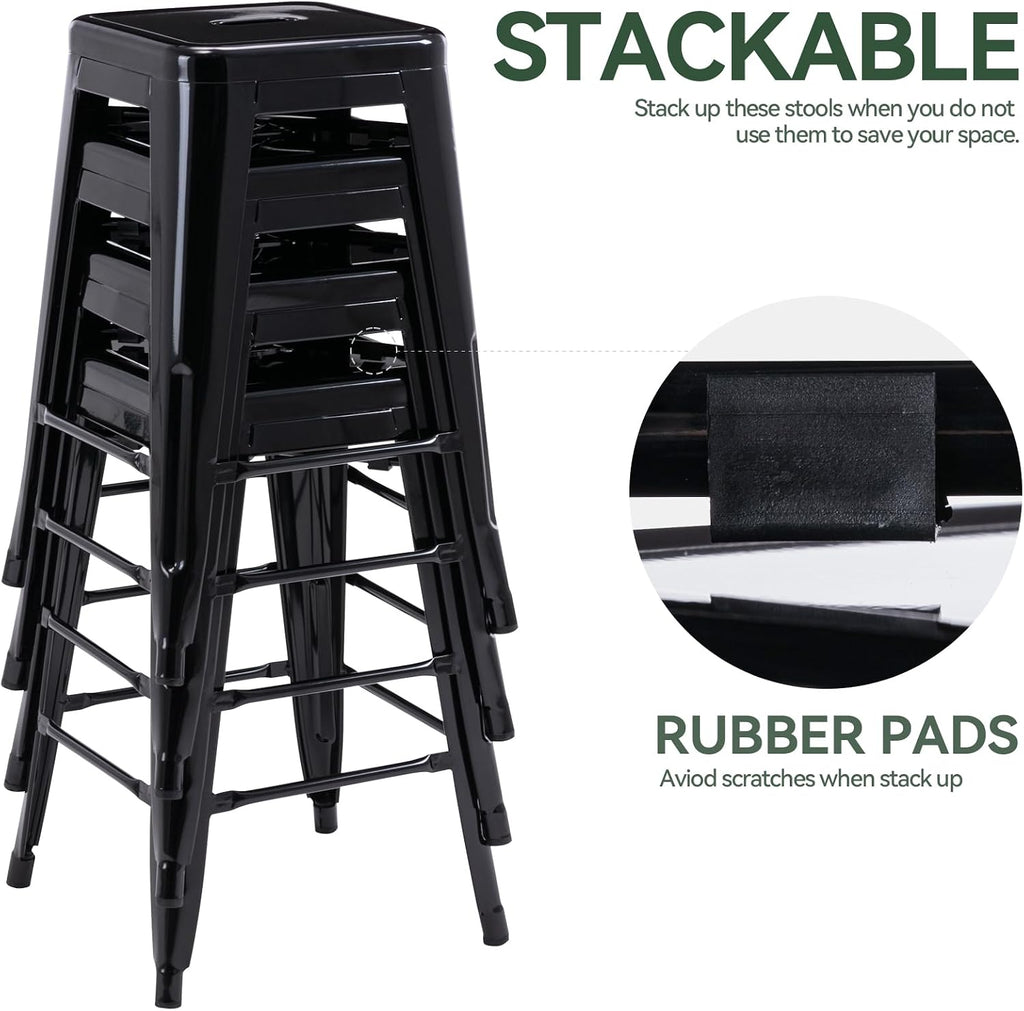 Vogue Furniture Direct 24 Inch Metal Bar Stools, Backless Counter Height Barstools, Indoor Outdoor Stackable Stools with Square Seat, Set of 4 (Black)