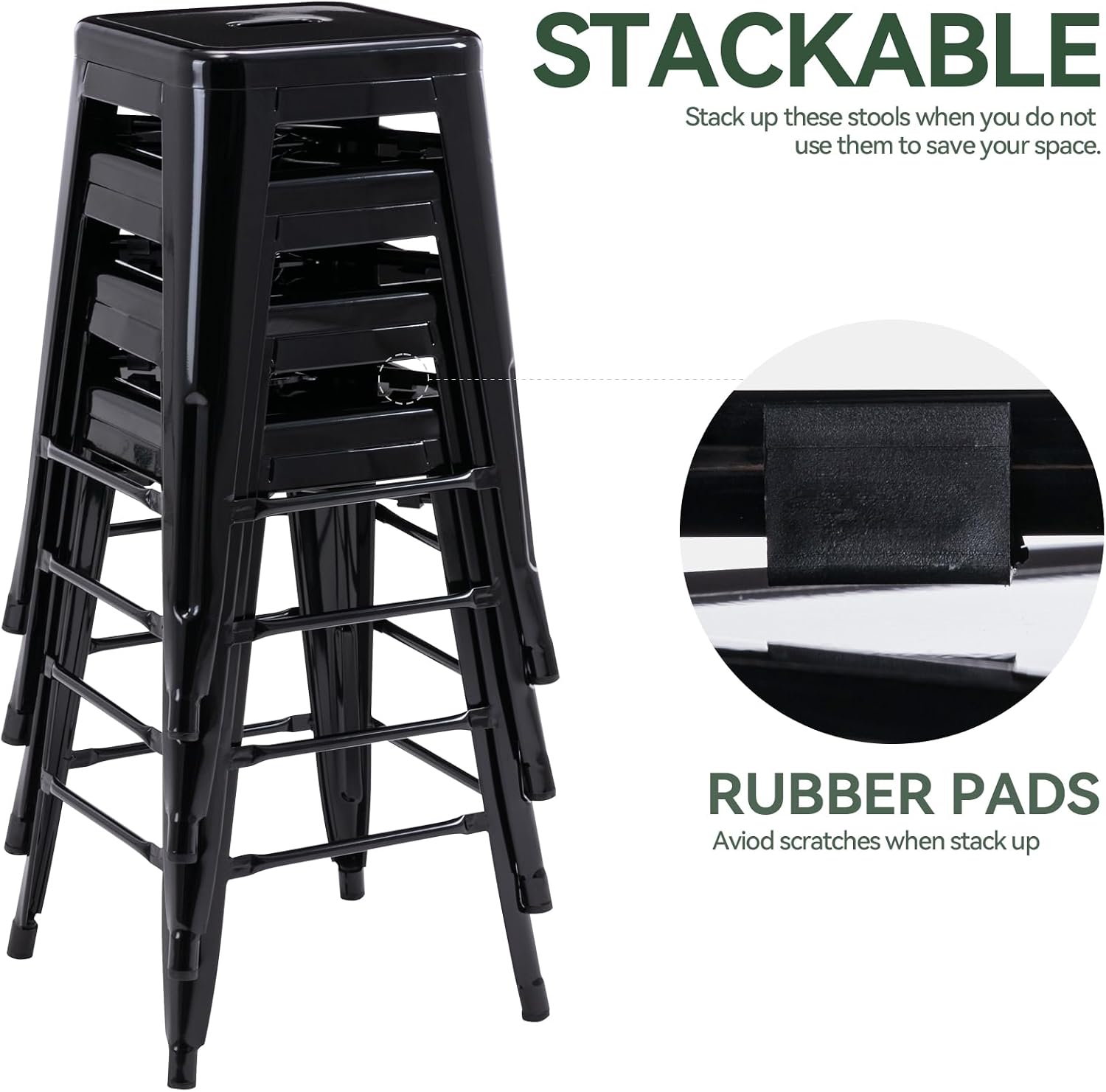 Vogue Furniture Direct 24 Inch Metal Bar Stools, Backless Counter Height Barstools, Indoor Outdoor Stackable Stools with Square Seat, Set of 4 (Black)