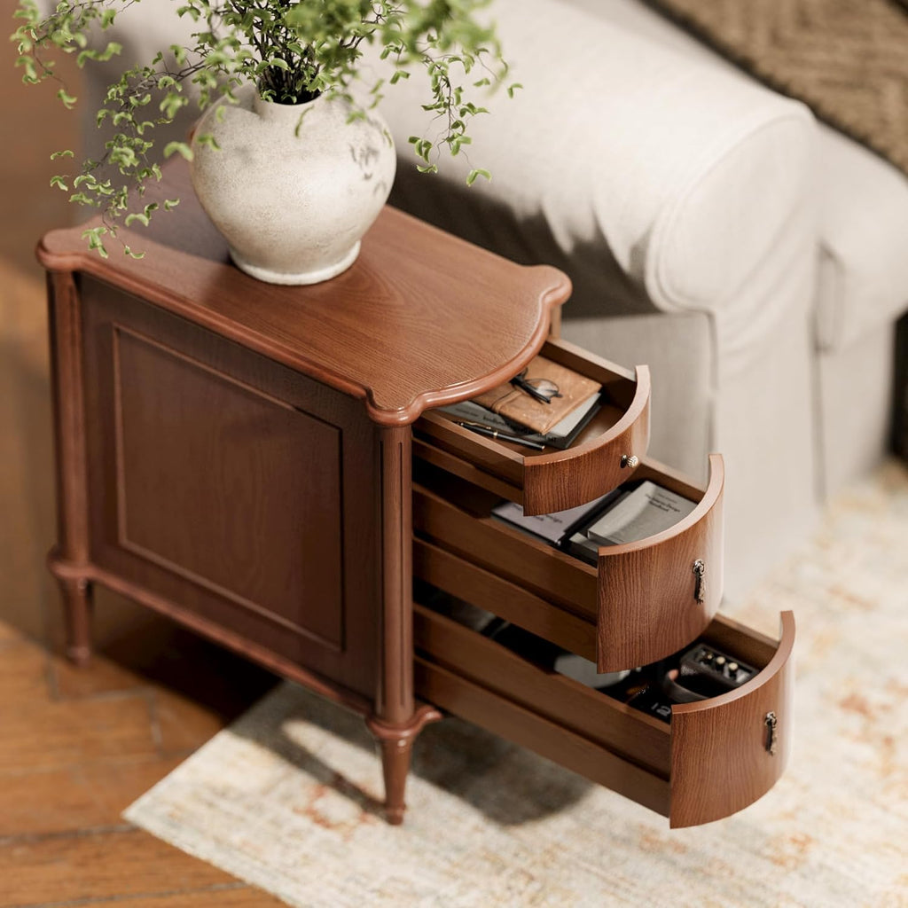 STO'SENSE Nightstand w/Charging Station & 3 Drawers, Pre-Assembled, Vintage Side Table w/Antique-Finished Pulls, Rustic Wood Finish, Narrow End Table w/Turned Legs for Bedroom (1, Brown)