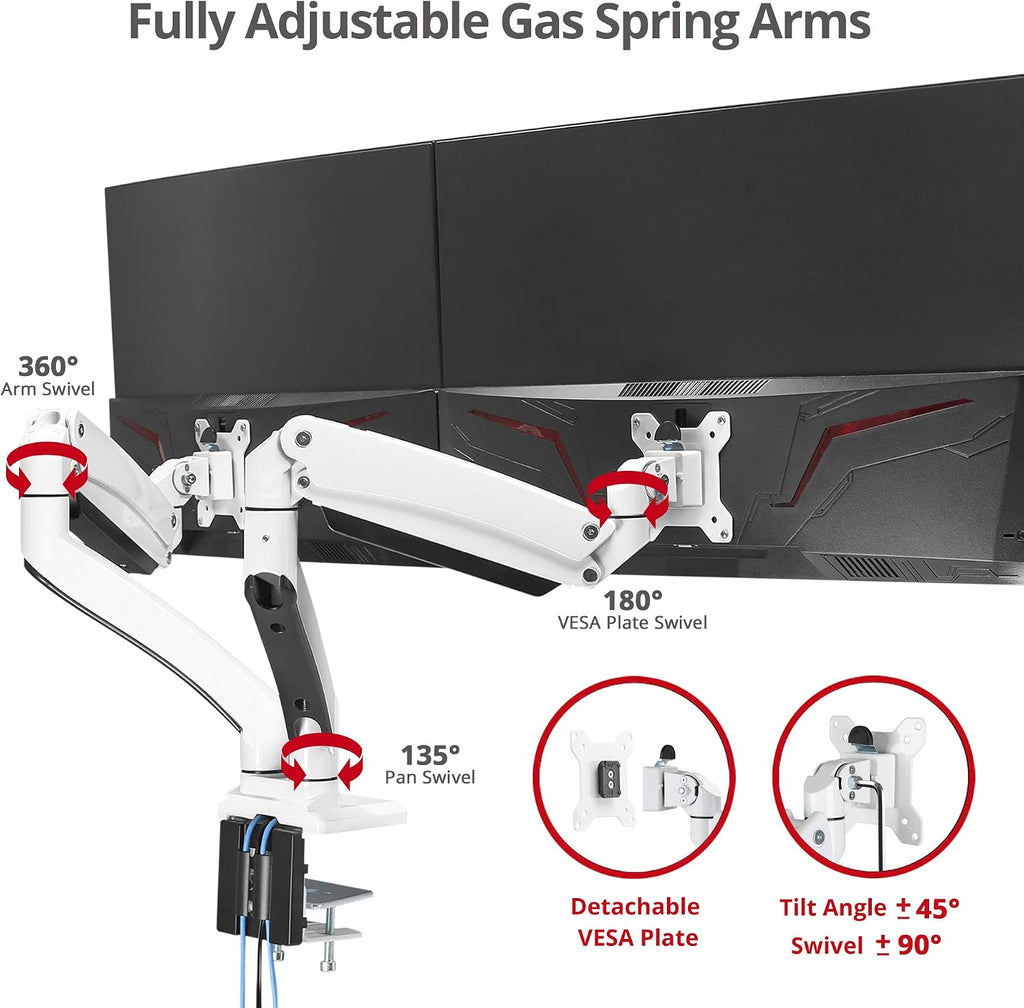 SIIG Dual Monitor Desk Mount, 17' to 35', USB 3.0 and Audio Extend Ports, Fits Two Flat/Curved Monitors, Load Bearing 33 lbs max Each, VESA 75x75 100x100, C-Clamp and Grommet Base (CE-MT3211-S1)