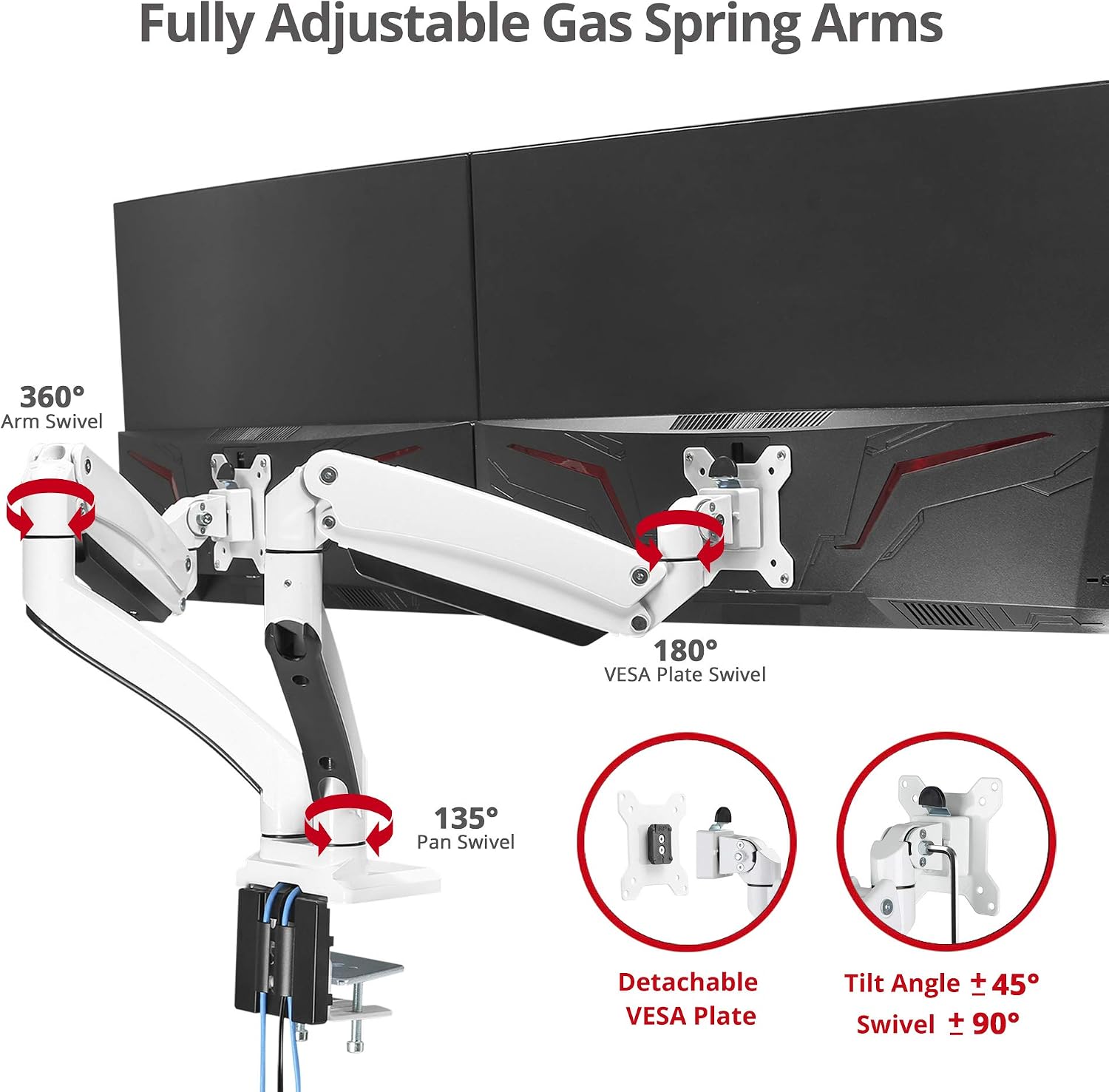 SIIG Dual Monitor Desk Mount, 17' to 35', USB 3.0 and Audio Extend Ports, Fits Two Flat/Curved Monitors, Load Bearing 33 lbs max Each, VESA 75x75 100x100, C-Clamp and Grommet Base (CE-MT3211-S1)