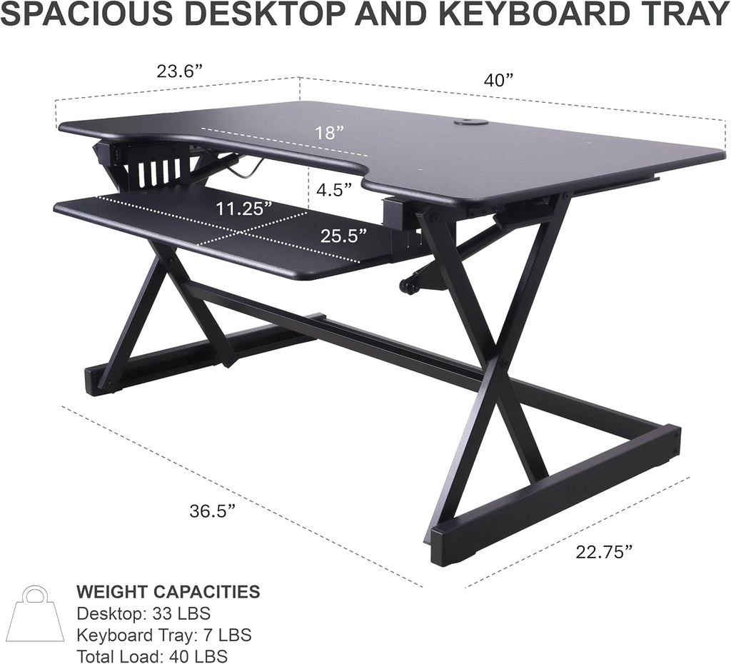 Rocelco 40' Height Adjustable Standing Desk Converter with AC Outlet USB Charger and Anti-Fatigue Floor Mat - Sit Stand Up Tabletop Riser - Sliding Keyboard Tray - Black (R DADRB-40-ACUSB-MAFM)
