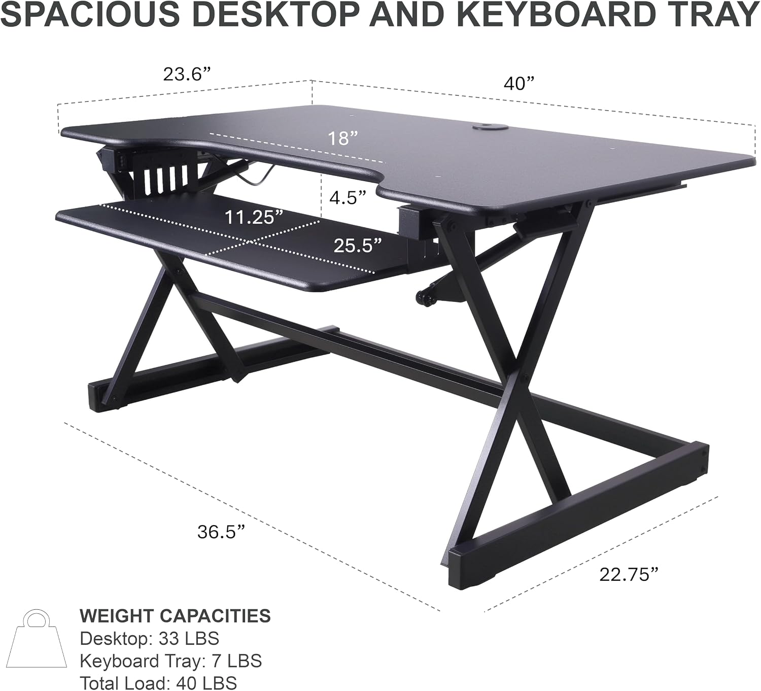 Rocelco 40' Height Adjustable Standing Desk Converter with AC Outlet USB Charger and Anti-Fatigue Floor Mat - Sit Stand Up Tabletop Riser - Sliding Keyboard Tray - Black (R DADRB-40-ACUSB-MAFM)