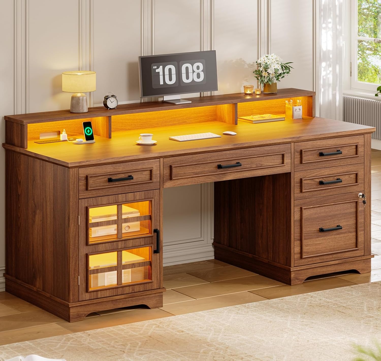 UPOSOJA 60'' Farmhouse Executive Desk with Drawers, Home Office Desk with Power Outlet & LED Light, Wood Computer Desk with Monitor Stand, Locking File Drawer, Glass Storage Cabinet, Hooks