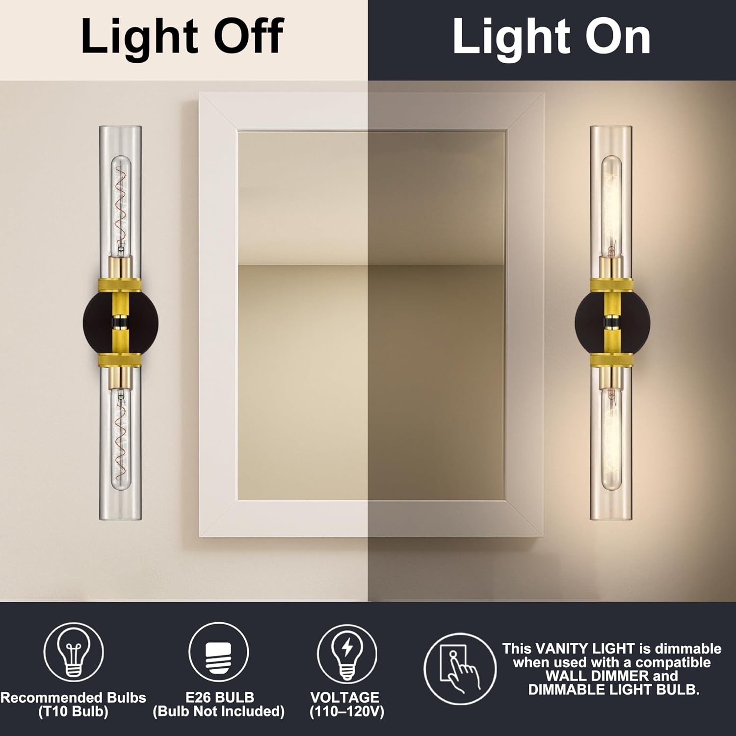 LaLuLa 2-Pack Hardwired Black and Gold Bathroom Vanity Light Fixtures – Modern 2-Light Wall Sconces with Knurled Texture and Clear Glass Shades, Bathroom Lighting Fixtures Over Mirror, 25 Inch