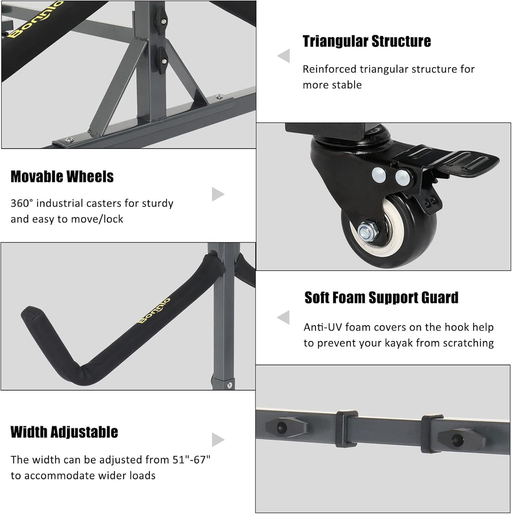 Bonnlo Kayak Stand Freestanding Storage Rack for Kayak Canoe Boat Paddle Board SUP Surfboard for Indoor Outdoor Garage, Shed, Dock with Lockable Wheels Wide Adjustable