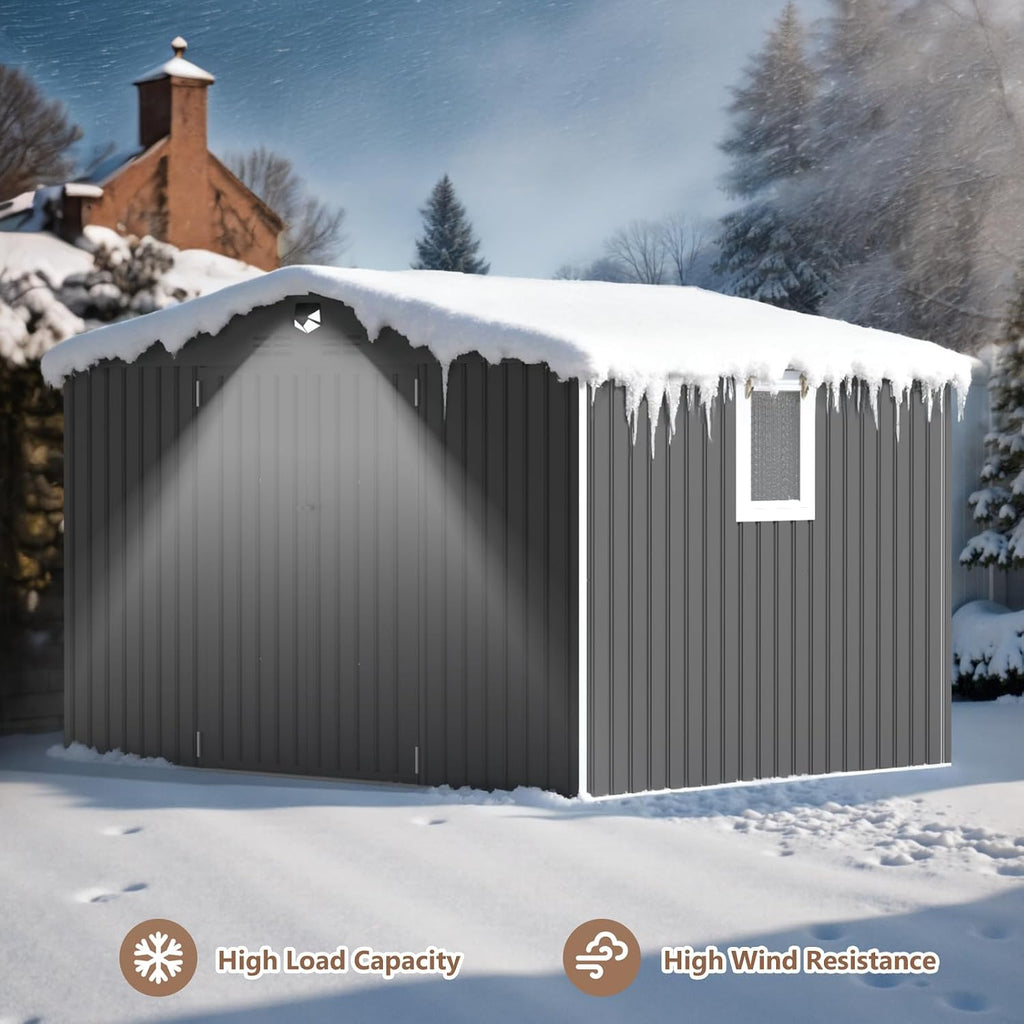 10x8 FT Outdoor Storage Shed, Metal Garden Shed - Tool Storage Sheds with Lockable Doors & 1 Vented Clear Window, Waterproof Outside Storage Building for Backyard, Patio (Black; Floor Not Included)