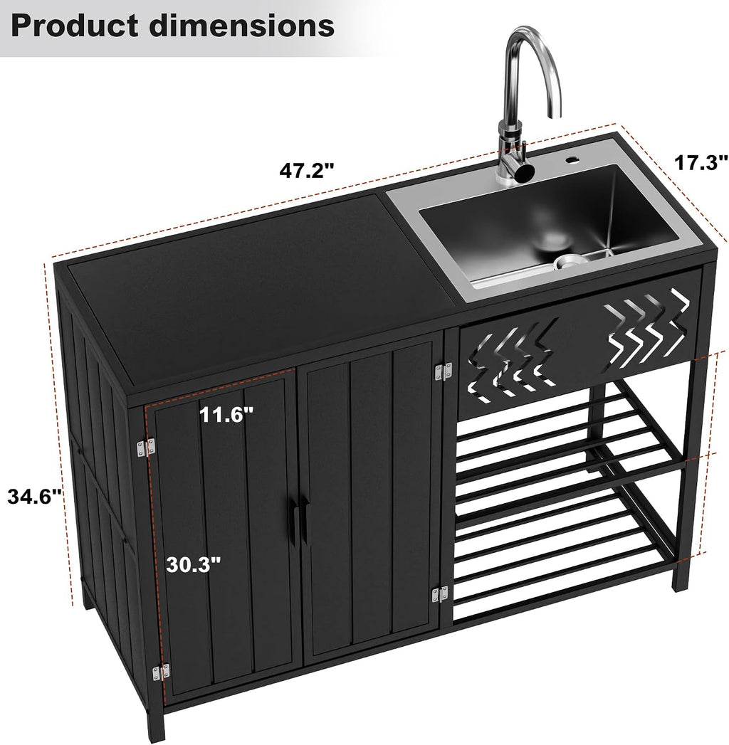 LUCKWIND 48 Inch Iron Utility Sink Cabinet with Stainless Steel Sink & Faucet, 2-Door Enclosed Storage Cabinet and 2-Shelf Open Unit for Outdoor Patio, Kitchen & Commercial Use