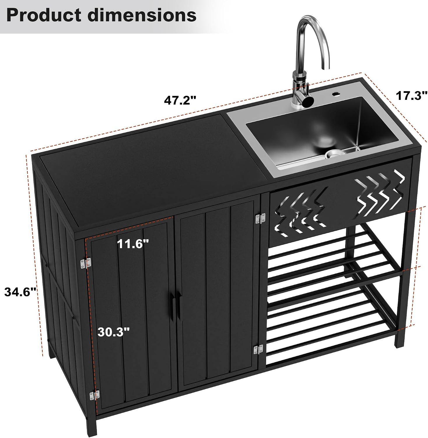 LUCKWIND 48 Inch Iron Utility Sink Cabinet with Stainless Steel Sink & Faucet, 2-Door Enclosed Storage Cabinet and 2-Shelf Open Unit for Outdoor Patio, Kitchen & Commercial Use