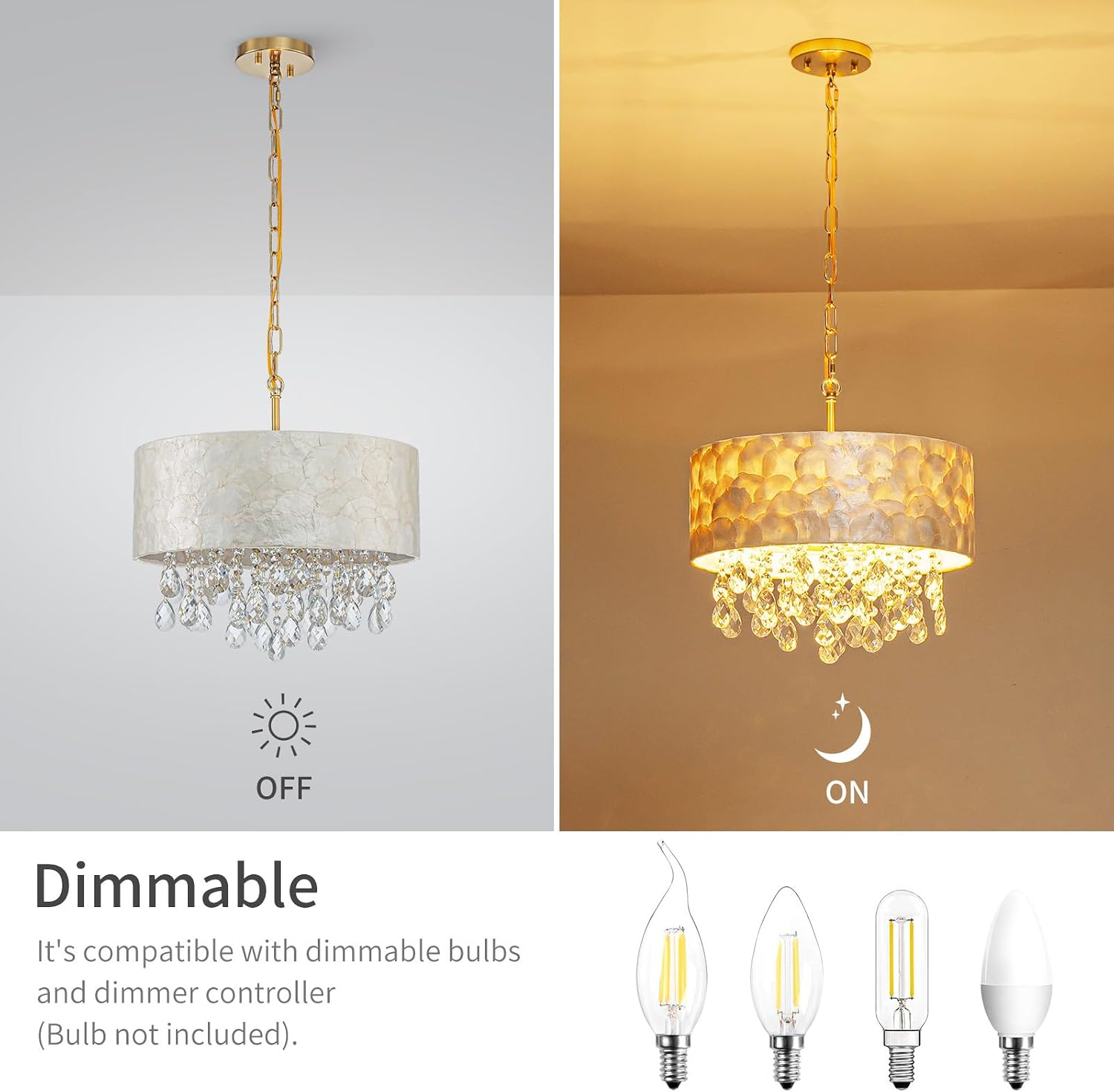 LumFurn D16in Drum Capiz Shell Crystal Chandeliers, 4-Light Coastal Style Pendant Light Fixture for Dining Room, Living Room, D16x20~67'(Adjustable), Shell Lampshade, K9Crystal & Gold Finish