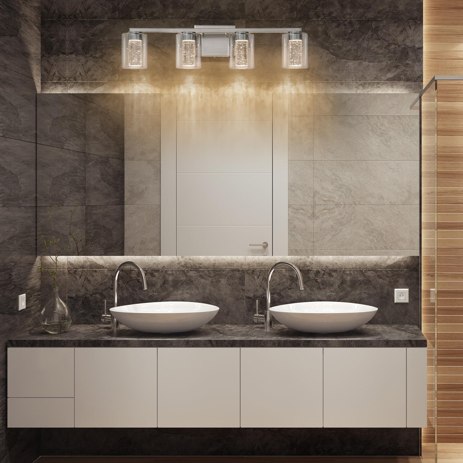 SineRise 4-Light Brushed Nickel Vanity Light with 3 Color Modes (3000K/4000K/6000K), Eye Protection LED Bathroom Light Fixture, Dimmable Modern Wall Light Over Mirror with Clear Glass Shade
