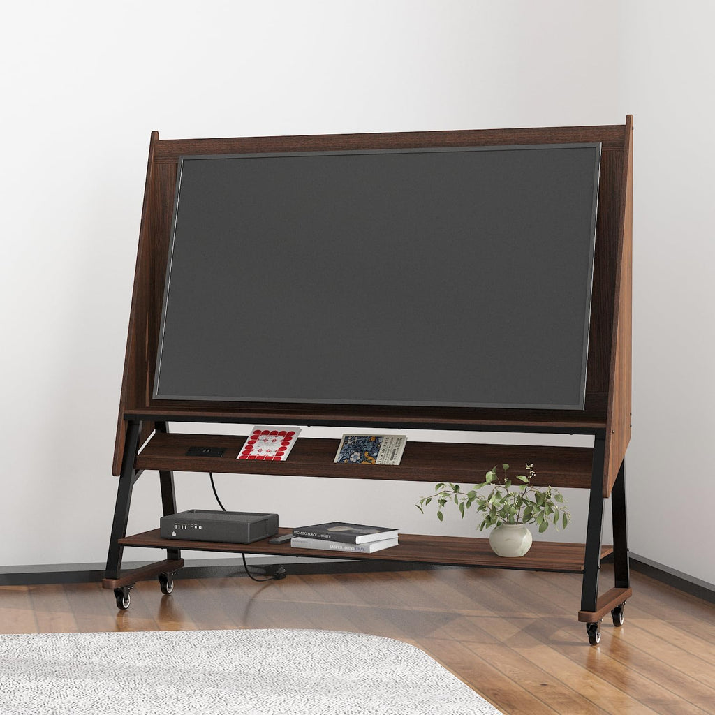 60' W Mobile TV Stand with Mount, Rolling Floor Media Console TV Cart, Wood Corner Monitor Stand with Shelves & Charging Station, for LCD/LED Flat Screens in Home Office, Brown Wood