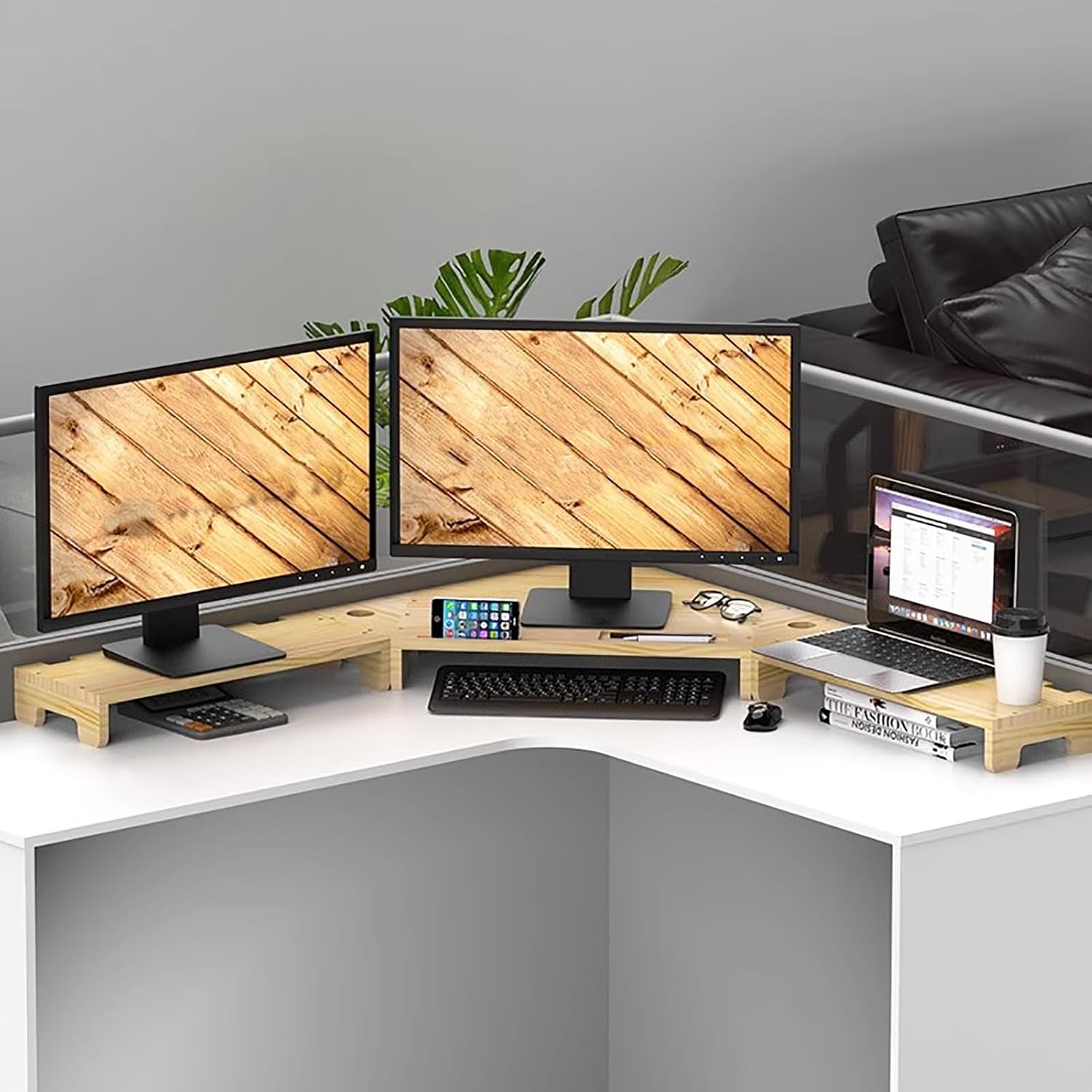 Corner Monitor Stand Double Laptop Screen Extender Monitor Holder, Desk Monitors Computer Risers for Desk Storage, Printer Desk Organizer Lifting Stand, Scanner Holder