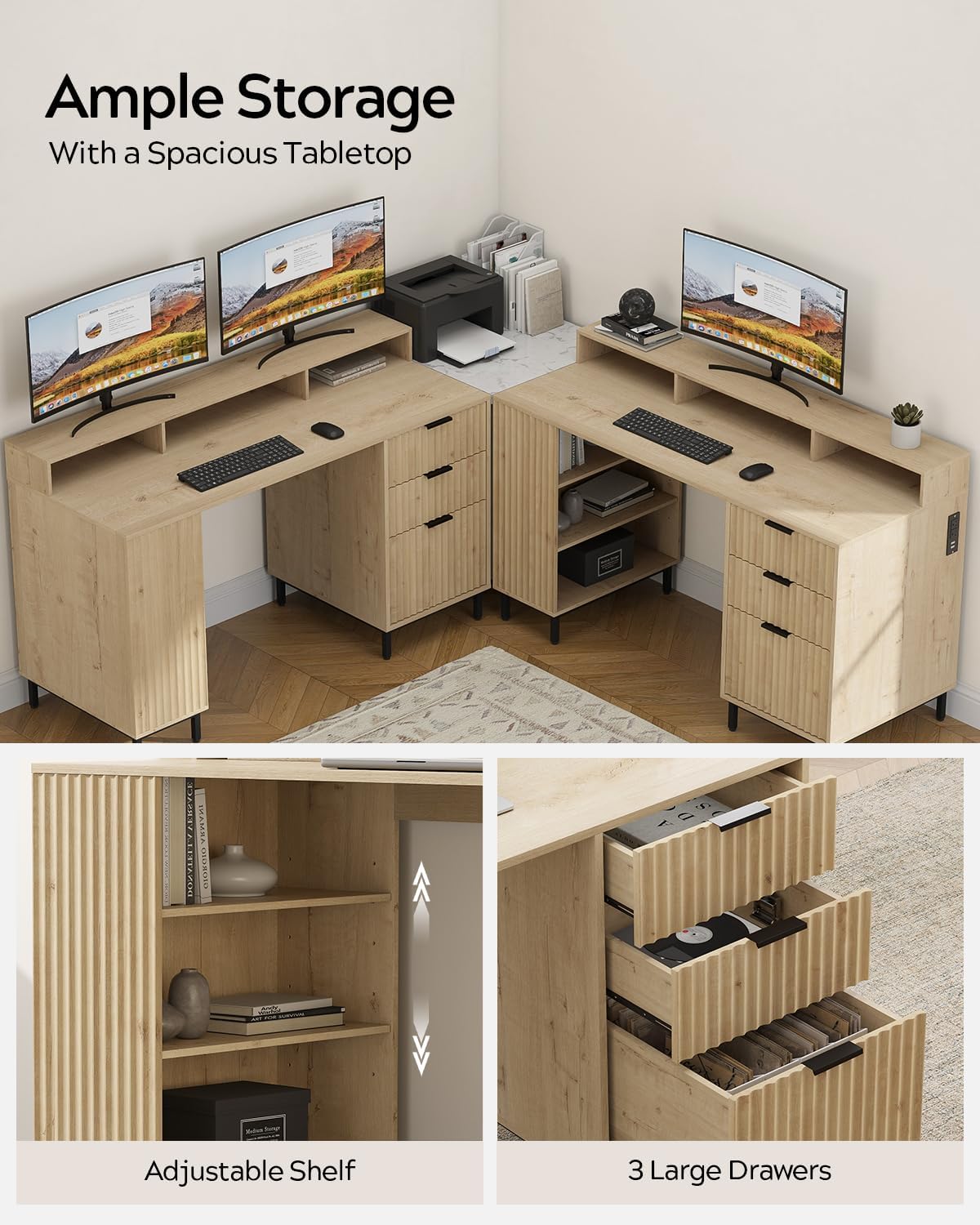 EYYTHUNG 55' Fluted Executive Desk with Charging Station, Modern Wood Home Office Desk with with Storage Shelf & File Drawer, Writing Study Computer Table for Work Study, Light Oak