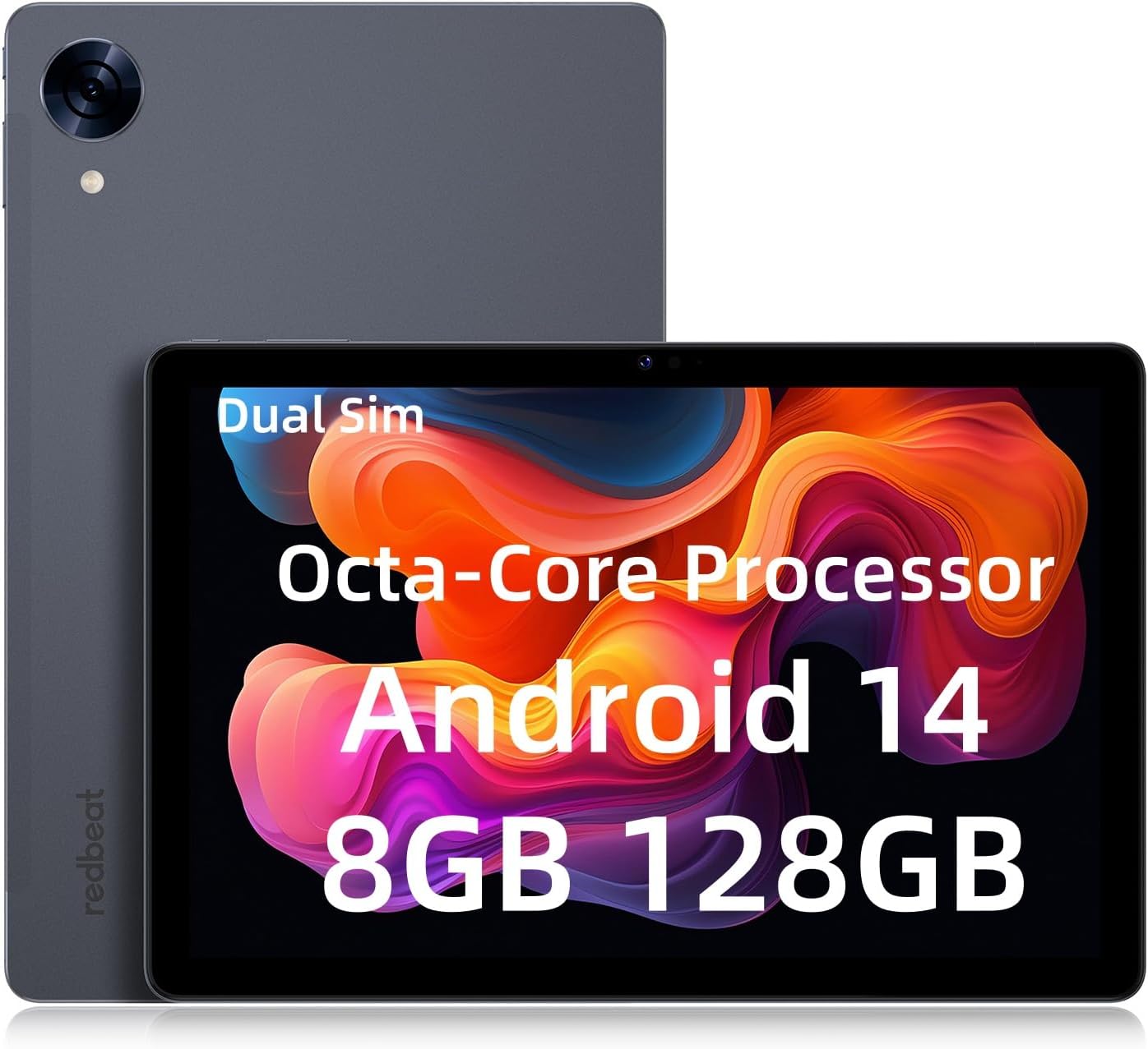 redbeat Android 14 Tablet 10 inch, 2 in 1 Tablet with Leather Case & SIM Slot, 8GB RAM 128GB Storage (1TB Expand), Octa-Core Processor, 6000mAh Battery, WiFi 6 – for Study, Work & Entertainment