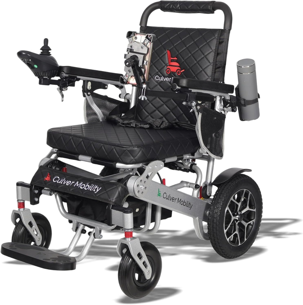Culver Mobility Wolf Electric Wheelchair for Adults – Lightweight, Foldable, All-Terrain Power Wheelchair XL with Remote Control. Gift: Travel Bag, Cup Holder & Phone Holder (Black).