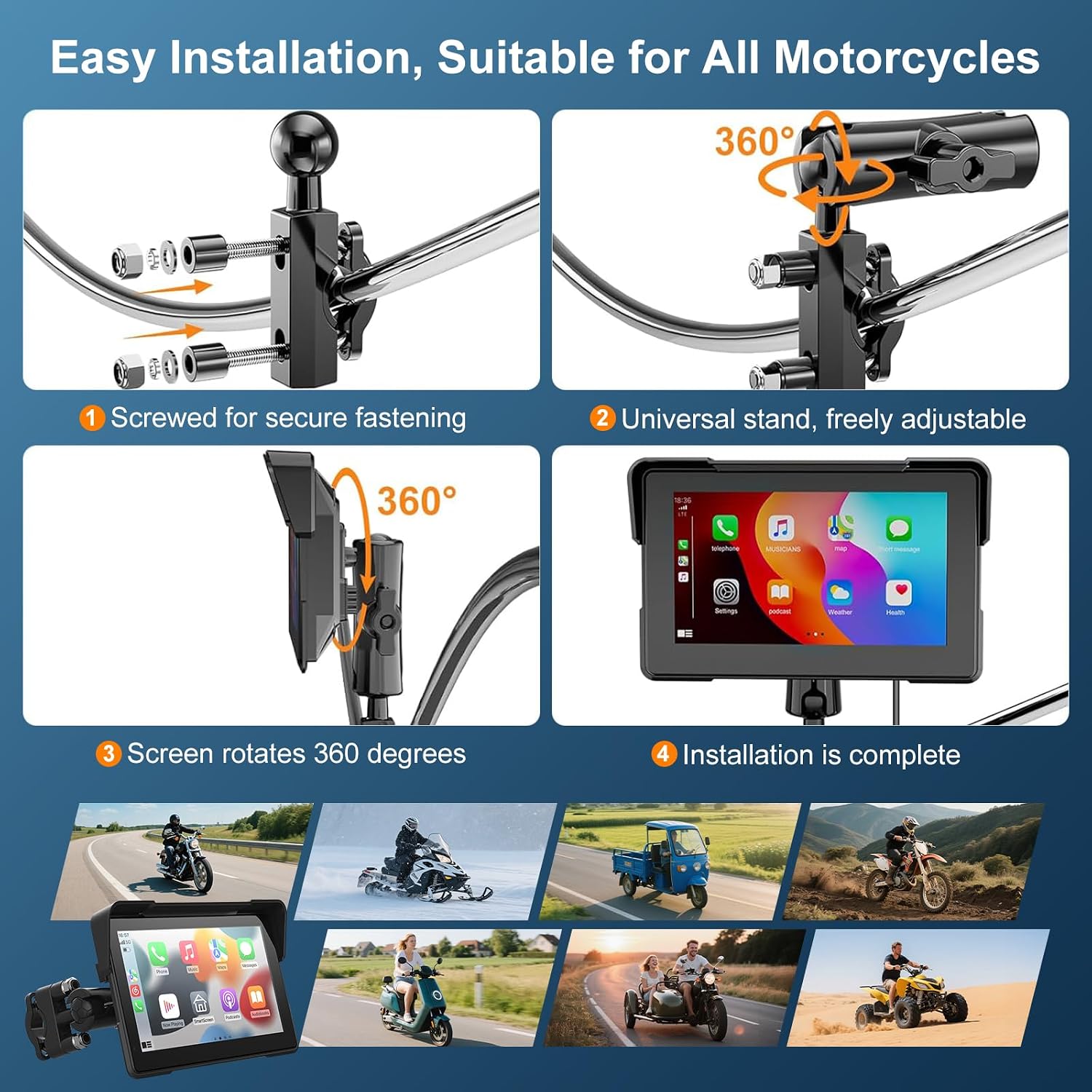 Wireless Motorcycle Apple Carplay,7 Inch Portable Motor GPS Navigation with Apple Carplay & Android Auto,Siri & Google Assistant, Anti-Glare/Bluetooth 5.2/TMPS/Voice Control/ IP69K Waterproof