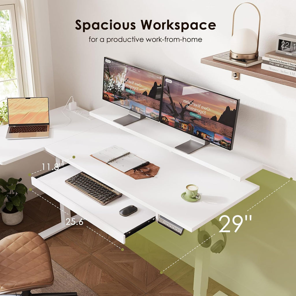 OffiGo 55 Inch Electric L Shaped Standing Desk with Keyboard Tray, Reversible Height Adjustable Corner Computer Desk with Monitor Stand, Sit Stand Up Lift Table for Home, Office, White