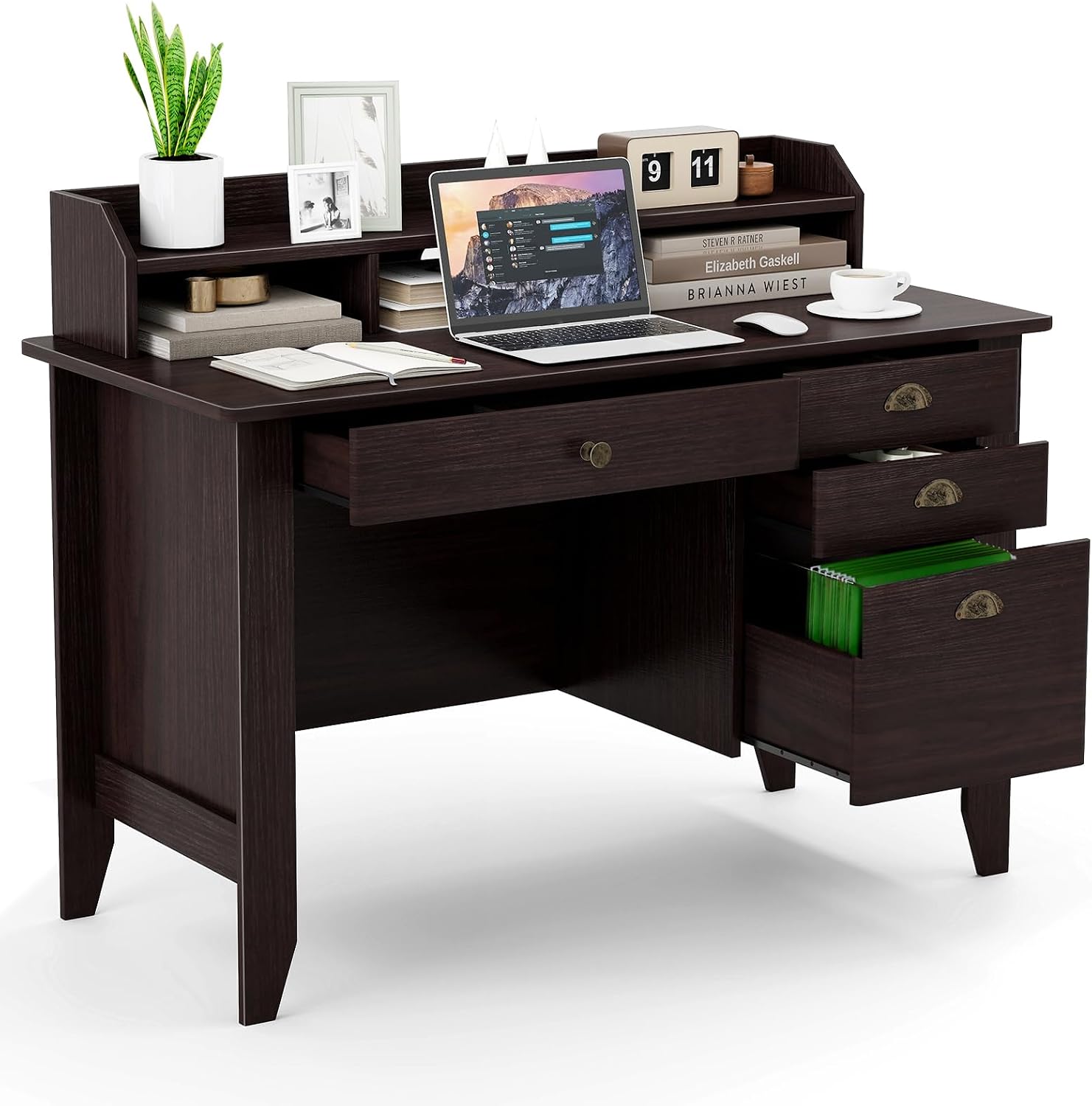 MAT EXPERT 48' Wide Computer Desk, Vintage Computer Desk with Hutch & Storage Drawer, Monitor Stand, Writing Workstation, Waterproof Laptop Table Gaming Desk for Study, Office, Bedroom (Brown)