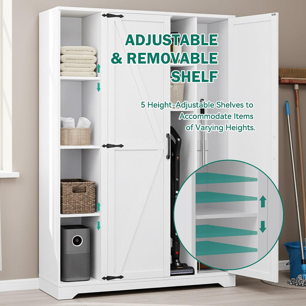 YITAHOME Wooden Garage Broom Cabinets with Adjustable Shelves, Multifunctional Organizer for Ironing Boards and Vacuum Cleaners, Tool Storage Cabinet for Gym, Basement, Warehouse, Oak White