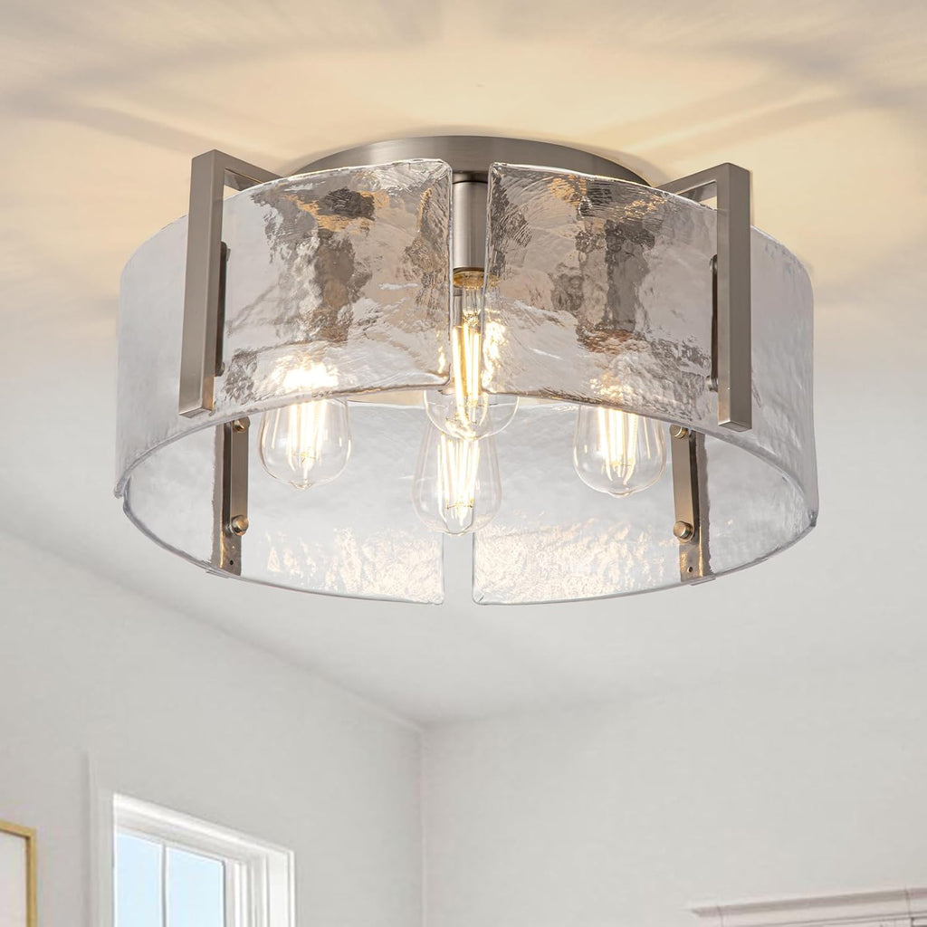 Nickel Semi Flush Mount Ceiling Light Fixture, 17.7-Inch Glass Drum Flush Mount Light Modern Foyer Lighting Fixtures Farmhouse Kitchen Lights for Entryway Hallway Bathroom Laundry Room Bedroom