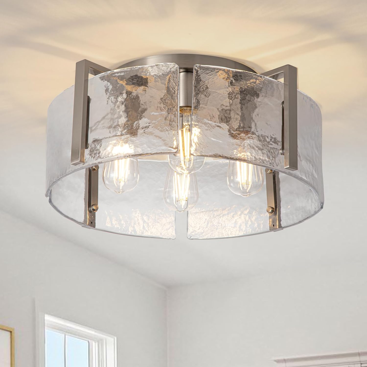 Nickel Semi Flush Mount Ceiling Light Fixture, 17.7-Inch Glass Drum Flush Mount Light Modern Foyer Lighting Fixtures Farmhouse Kitchen Lights for Entryway Hallway Bathroom Laundry Room Bedroom