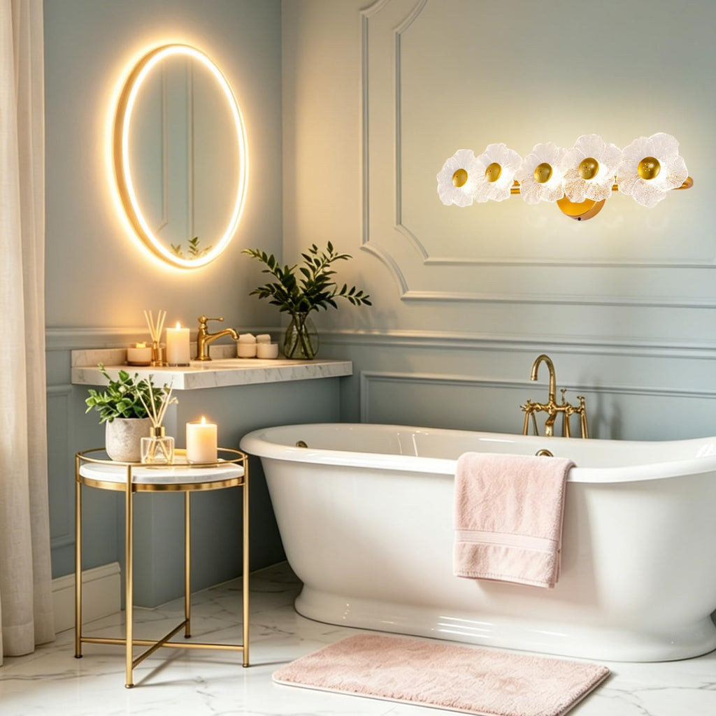 26.7' Gold Bathroom Light Fixtures 5 Light Floral Vanity Lights, 3-Color Dimmable Bathroom Vanity Light Elegant Led Wall Lights Cordless Wall Sconces for Decor,Bathroom,Livingroom