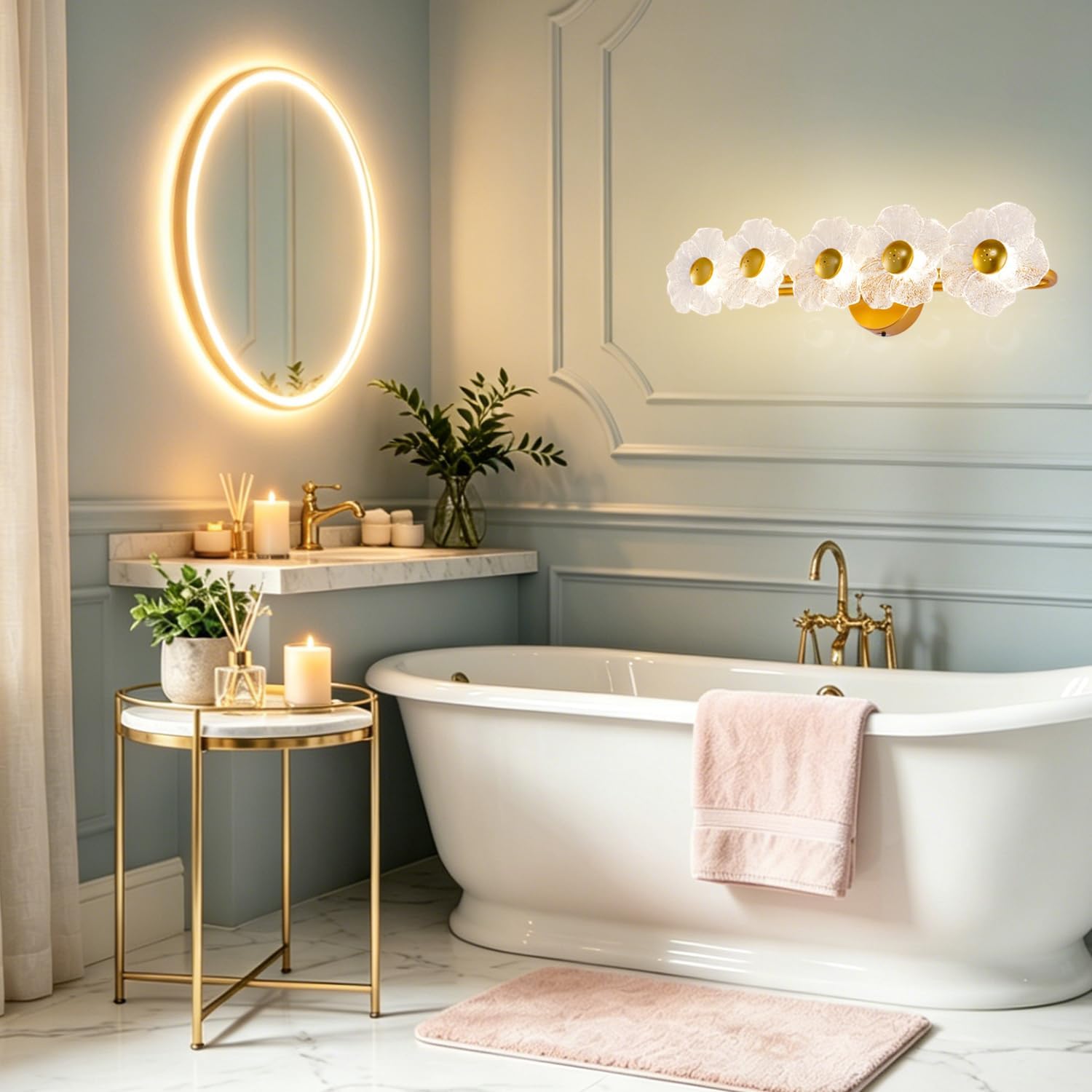 26.7' Gold Bathroom Light Fixtures 5 Light Floral Vanity Lights, 3-Color Dimmable Bathroom Vanity Light Elegant Led Wall Lights Cordless Wall Sconces for Decor,Bathroom,Livingroom