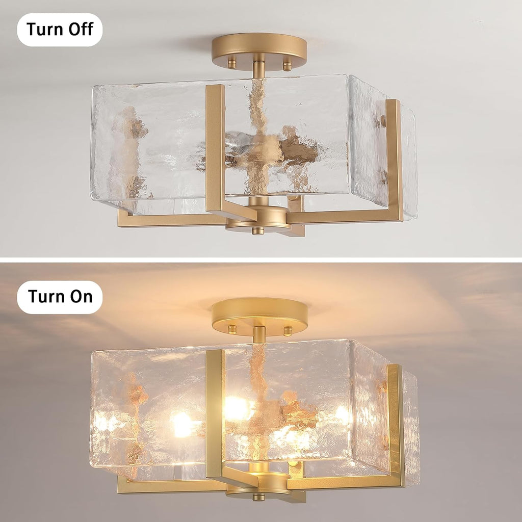 Gold Flush Mount Ceiling Light, 4-Light Brass Vintage Semi Flush Mount Hallway Foyer light fixture, Modern Glass Square Close to Ceiling Light for Kitchen, Dining Room, Bedroom, Bathroom, Entryway