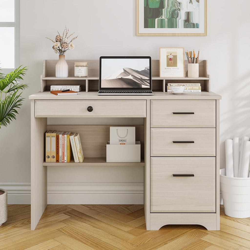 4 EVER WINNER Small Desk with Drawers for Small Spaces, 44'' Computer Desk with File Cabinet & Monitor Stand, Wood Writing Desk for Bedroom, Living Room, Off White