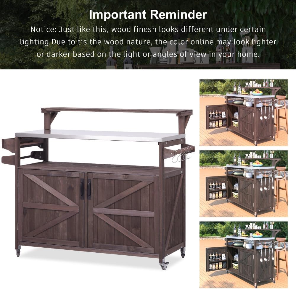 53.3' Outdoor Kitchen Island with Raised Shelf, Solid Wood Storage Cabinet with Stainless Steel Top, Outdoor Rolling Grill Cart with Internal Storage Rack, Adjustable Shelf, Spice Rack (Brown)