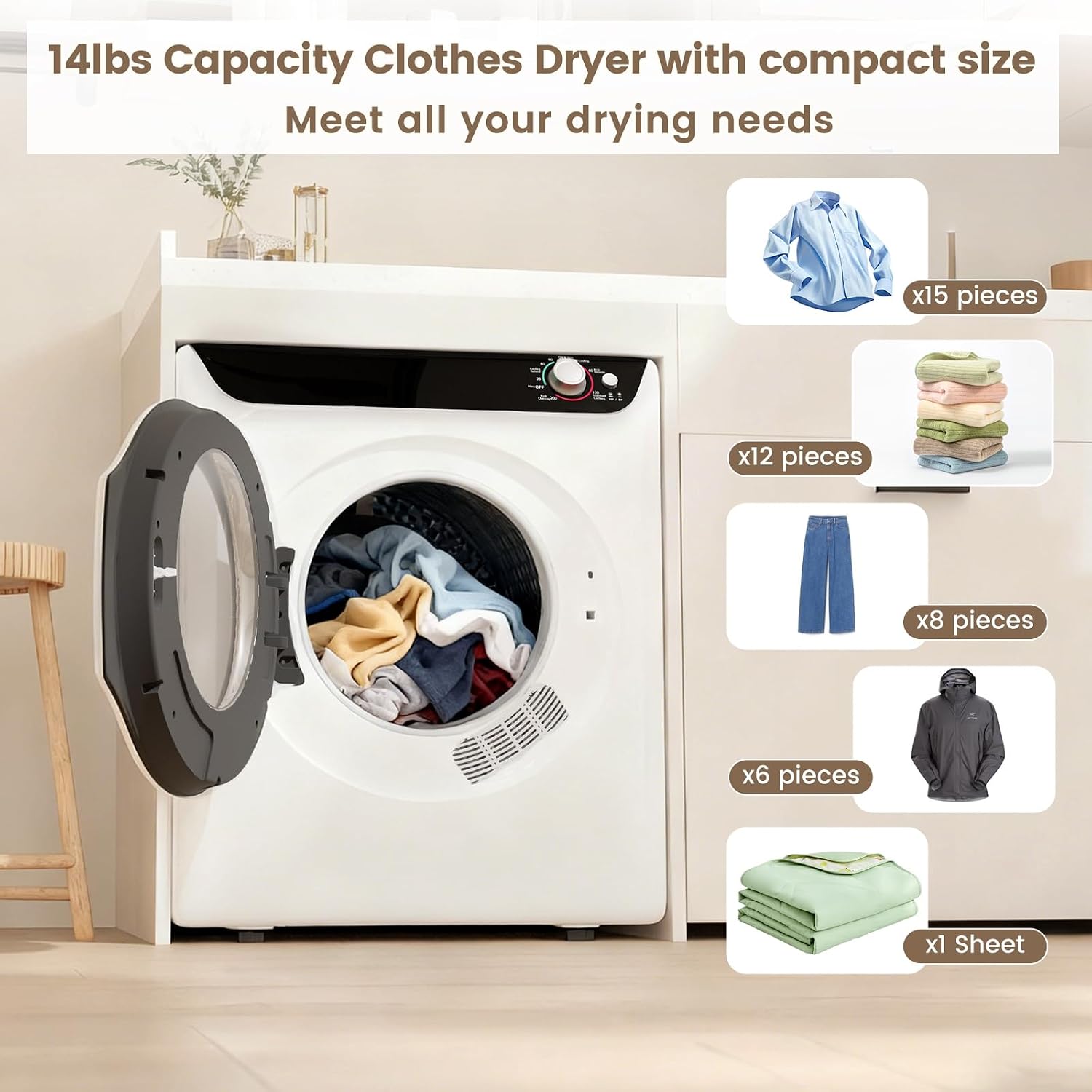 VCJ 2.6 cu.ft Portable Dryer, 1400W Electric Clothes Dryer with 5 Drying Modes & Stainless Steel Tub, Front Load Compact Dryer for Home, Apartment, Dorms