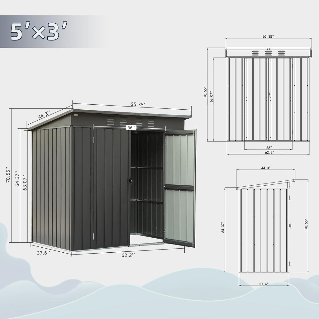 Domi Outdoor Storage Shed 5'x3', Metal Sheds Outdoor Storage Slope Roof with Lockable Doors & Air Vents for Patio Garden Backyard Lawn,Gray