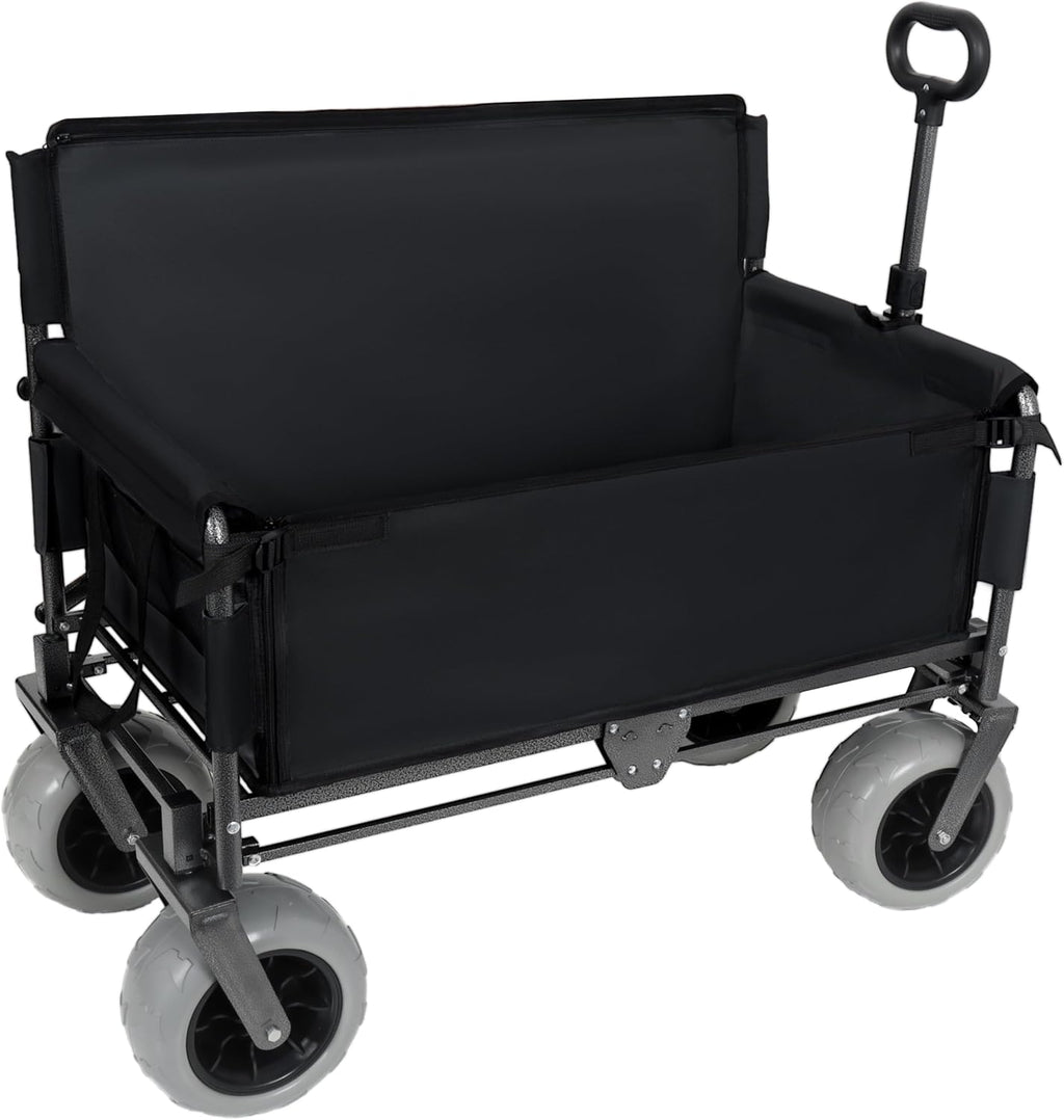 3-in-1 Folding Wagon with Bench Seat – 500lbs Capacity,Reinforced Carbon Steel Frame, 180L Cargo Space– Perfect for Camping, Beach, Outdoor Events & Heavy-Duty Hauling (Black)