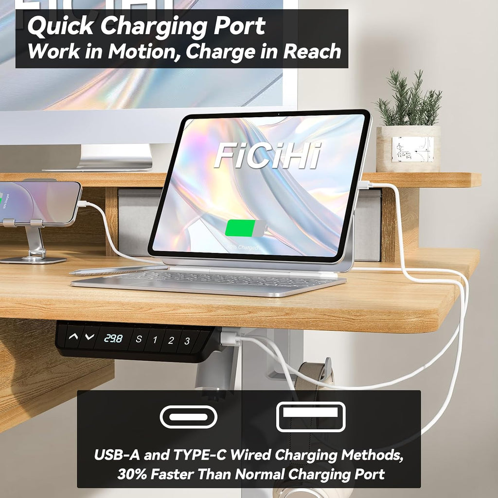 FiCiHi Adjustable Height Standing Desk with 4 Drawers,48 x 30 inches Electric Sit Stand Home Office Desk with Two Tiers, 3 Memory Presets, Monitor Stand Riser, USB A/C Charging Port