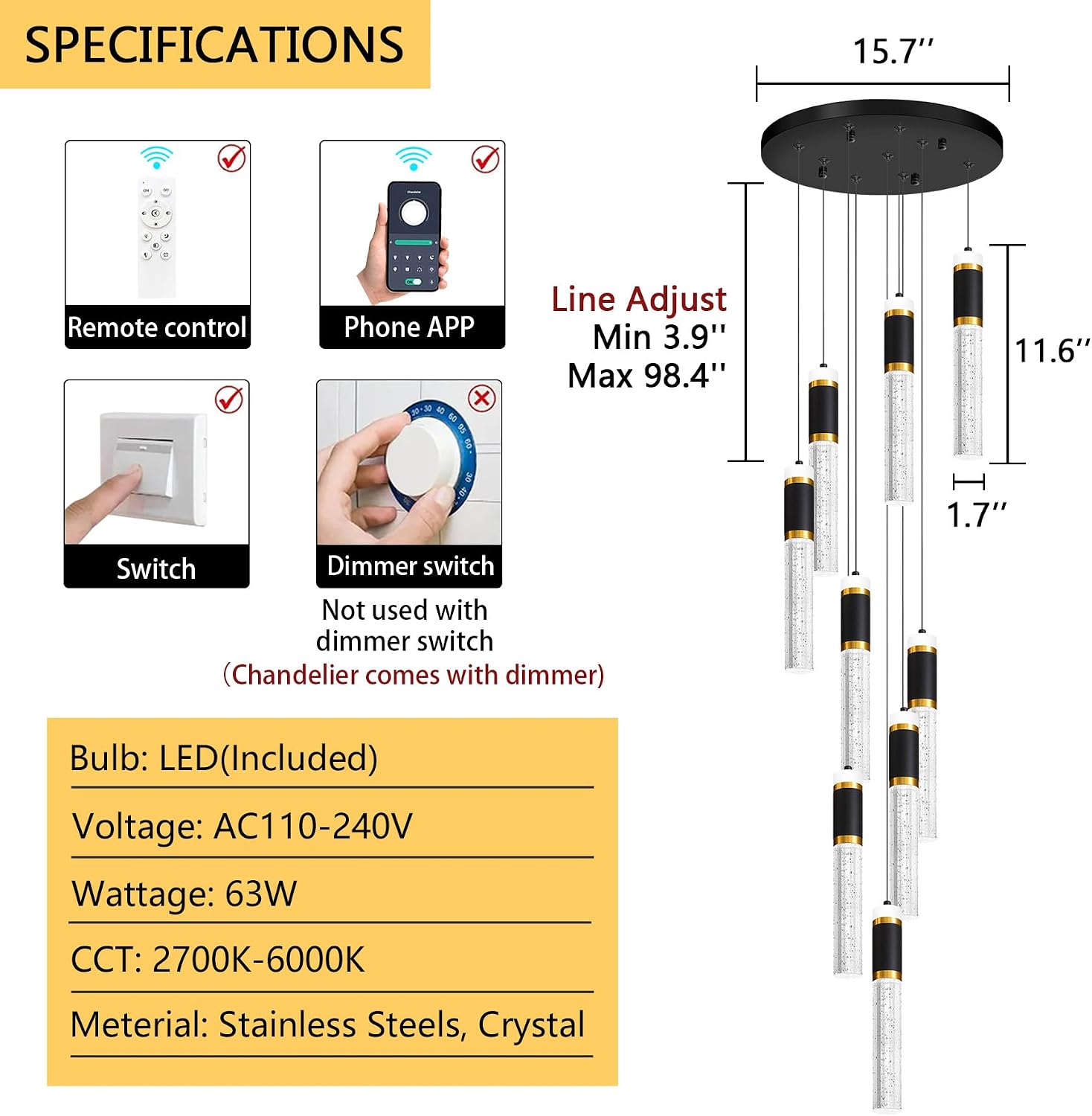 9-Lights Modern Crystal Spiral Chandelier for Staircase High Ceiling Chandeliers Bubble Pendant Lighting Hanging Light Fixture Flush Mount for Foyer Entryway