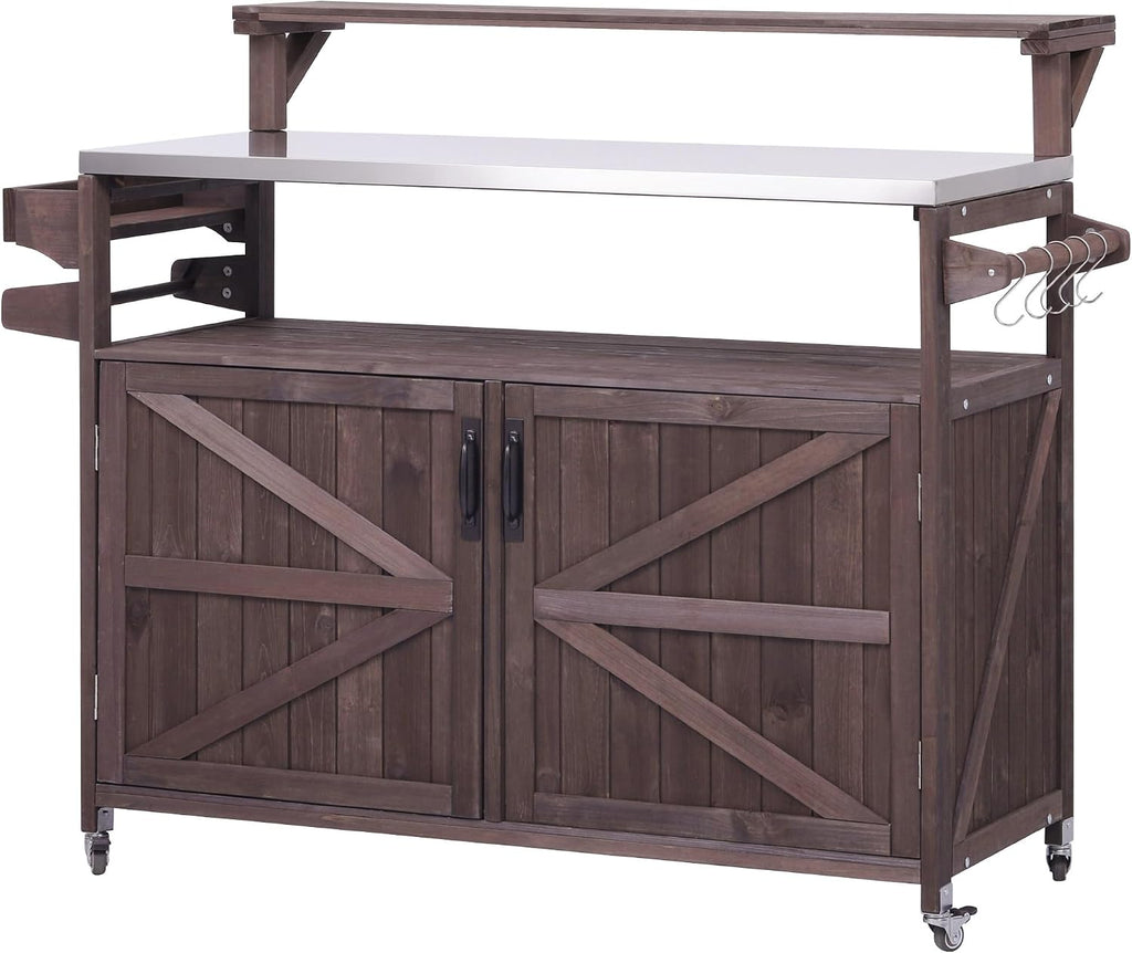 Harper & Bright Designs Grill Cart with Storage Cabinet, Outdoor Kitchen Island with Stainless Steel Top & Raised Shelf, Rolling Grill Cart with Spice Rack & Adjustable Shelf,Brown
