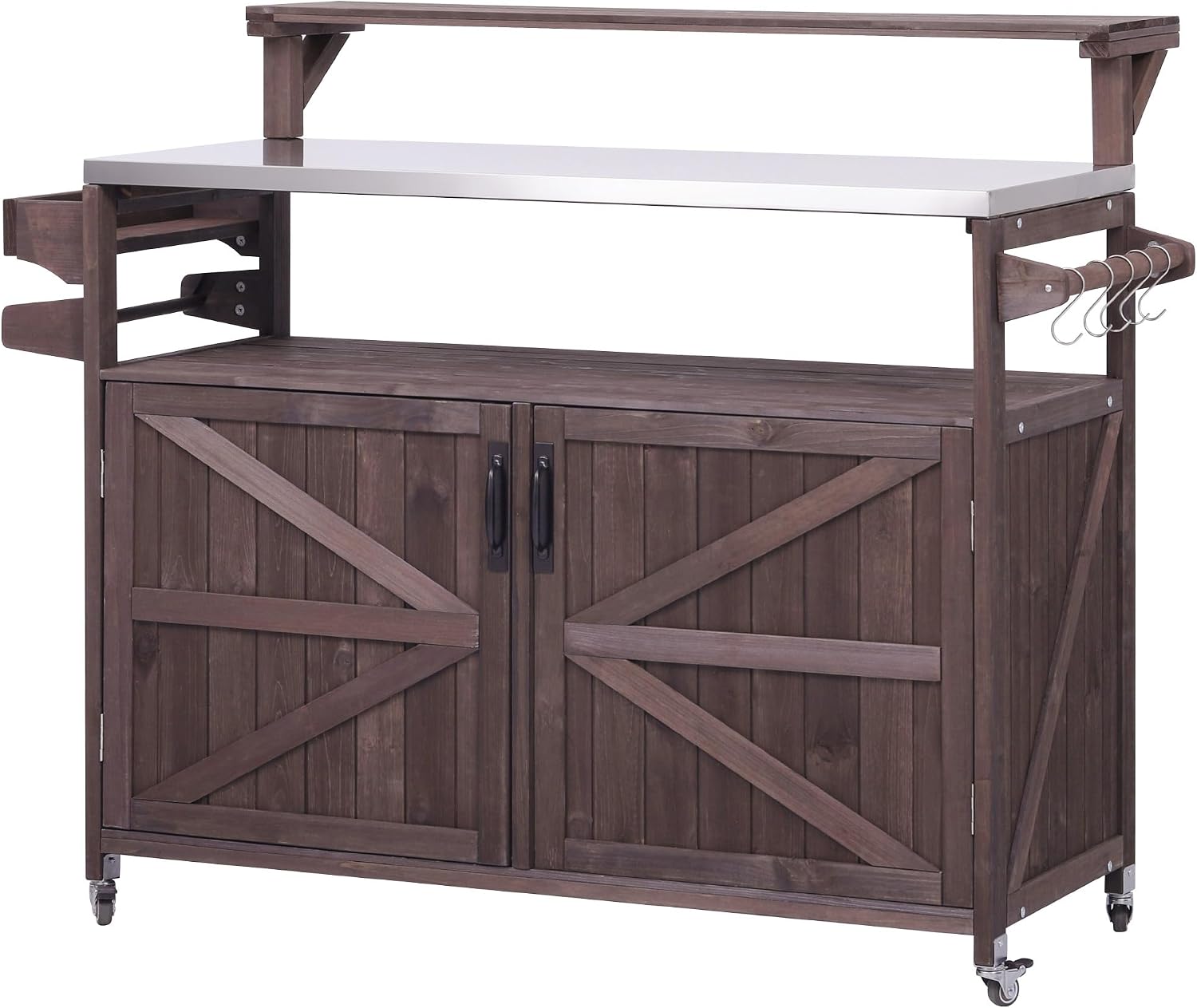 Harper & Bright Designs Grill Cart with Storage Cabinet, Outdoor Kitchen Island with Stainless Steel Top & Raised Shelf, Rolling Grill Cart with Spice Rack & Adjustable Shelf,Brown
