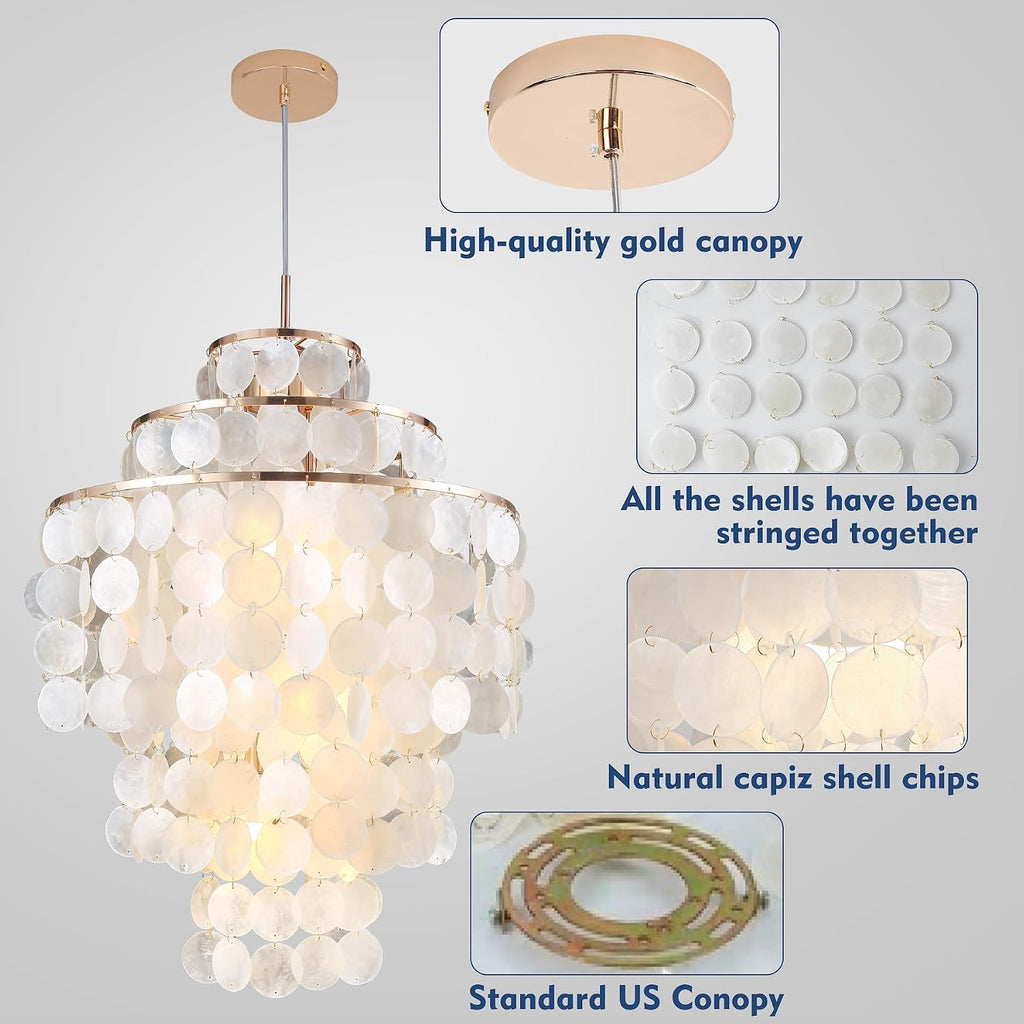 Capiz Shell Chandelier,18' Gold Coastal Chandelier Light Fixture with 4 Lights Capiz Seashell Pendant for Living Room Foyer Kitchen Island Entryway Dining Room Bedroom,LED Bulb Included