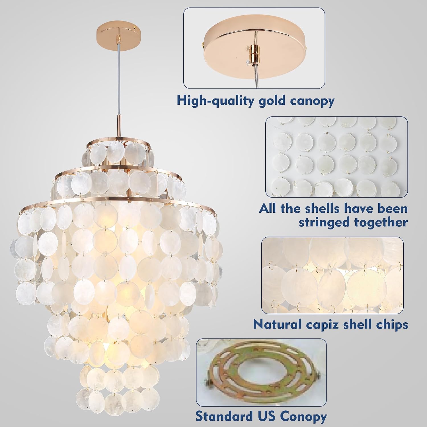Capiz Shell Chandelier,18' Gold Coastal Chandelier Light Fixture with 4 Lights Capiz Seashell Pendant for Living Room Foyer Kitchen Island Entryway Dining Room Bedroom,LED Bulb Included