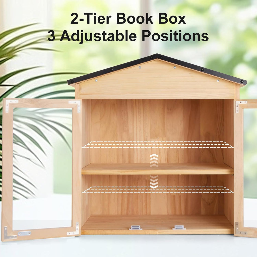2-Tier Outdoor Little Library Book Exchange Box - Durable Weatherproof Solid Wood Cabinet with Adjustable Shelves & Rust-Proof Hardware for Community, Schools & Neighborhood Sharing