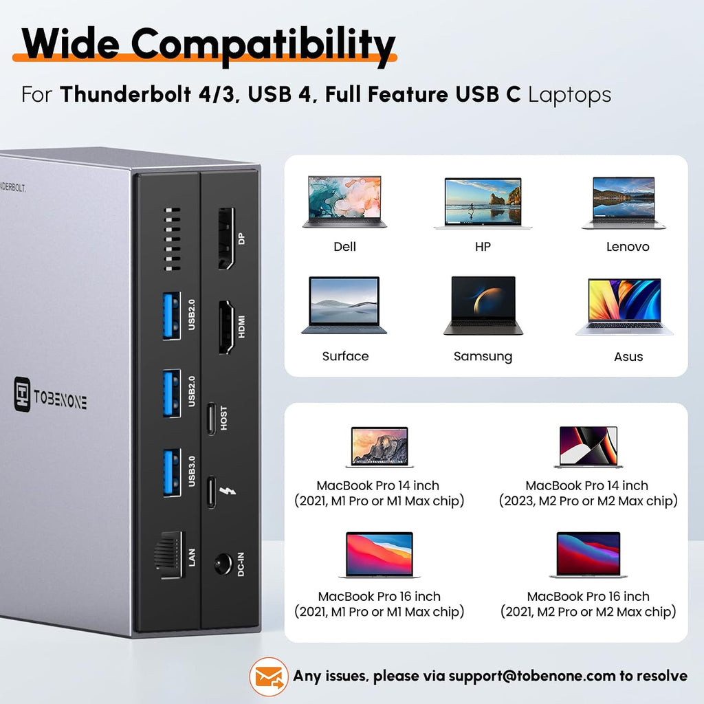 TobenONE Thunderbolt 4 Dock with Power Adapter, Thunderbolt Certified, Dual/Triple 4K@60Hz Monitor Docking Station for Windows, Mac, and Chrome (40Gbps, HDMI, DP, 6xUSB Ports, SD/TF4.0)