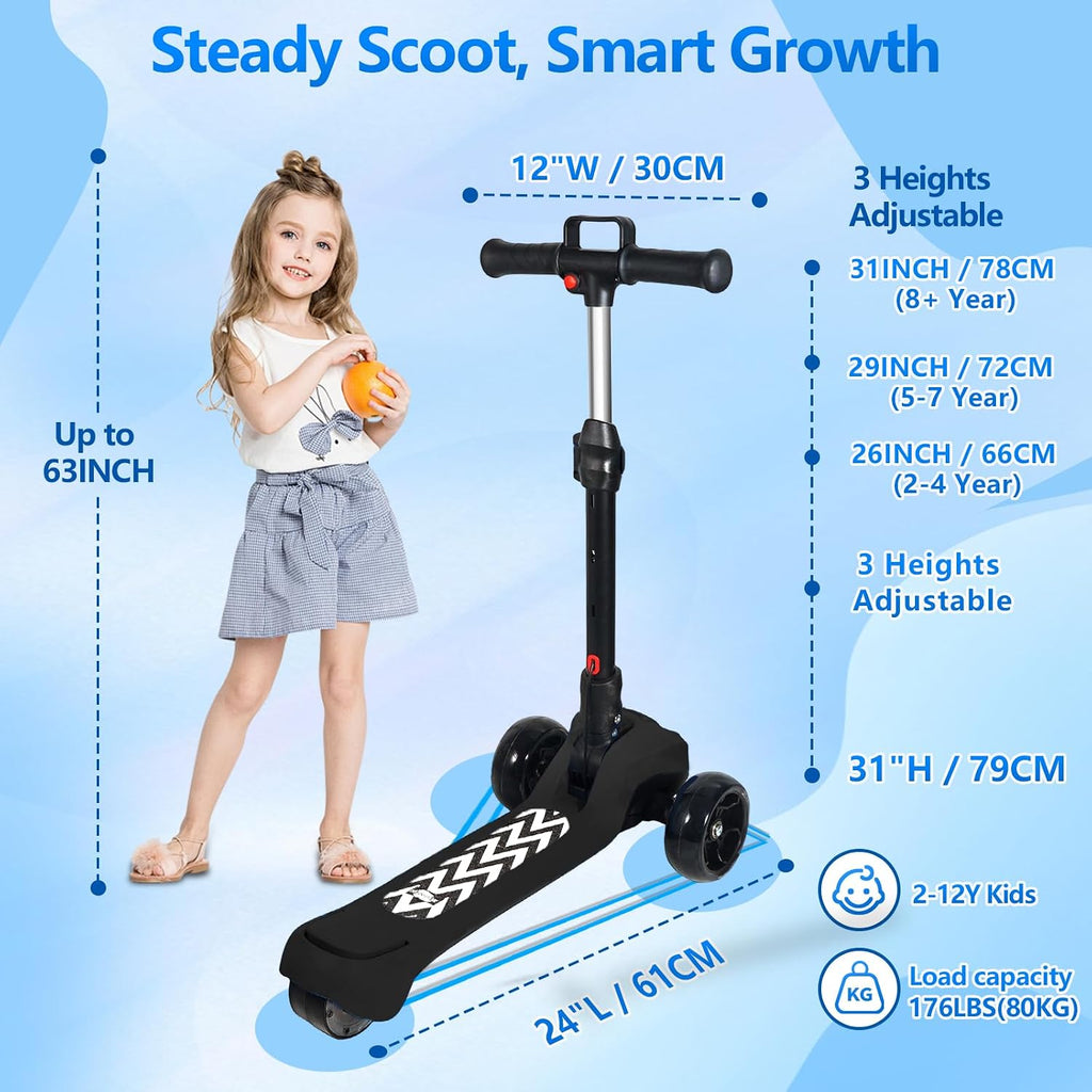 Electric Scooter for Kids Ages 3-12, Full Body Lights Up, Wide Deck, 3 Adjustable Heights, 5MPH Safe Speed, 90min Riding, Foldable 3 Wheel Electric Scooter for Kids Boys Girls Toddler