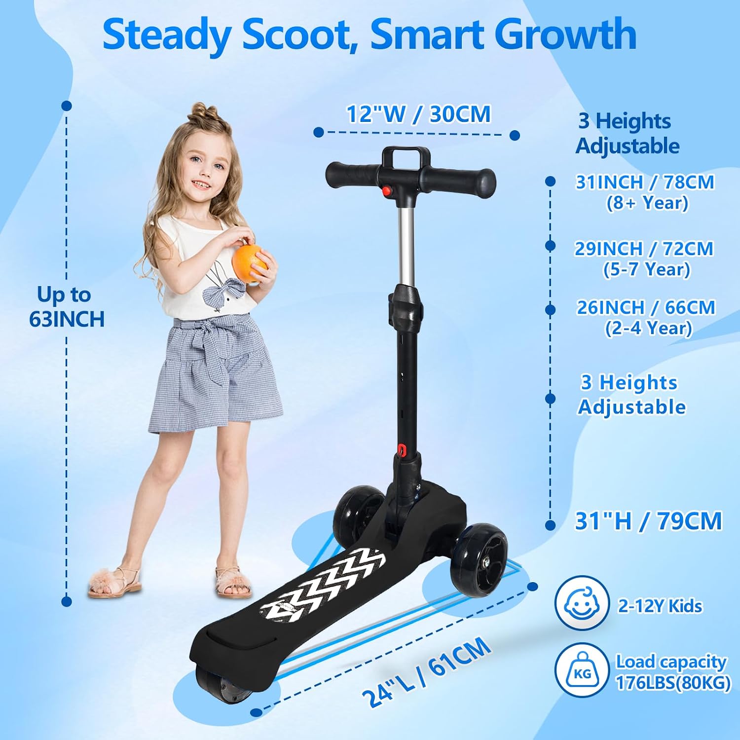 Electric Scooter for Kids Ages 3-12, Full Body Lights Up, Wide Deck, 3 Adjustable Heights, 5MPH Safe Speed, 90min Riding, Foldable 3 Wheel Electric Scooter for Kids Boys Girls Toddler