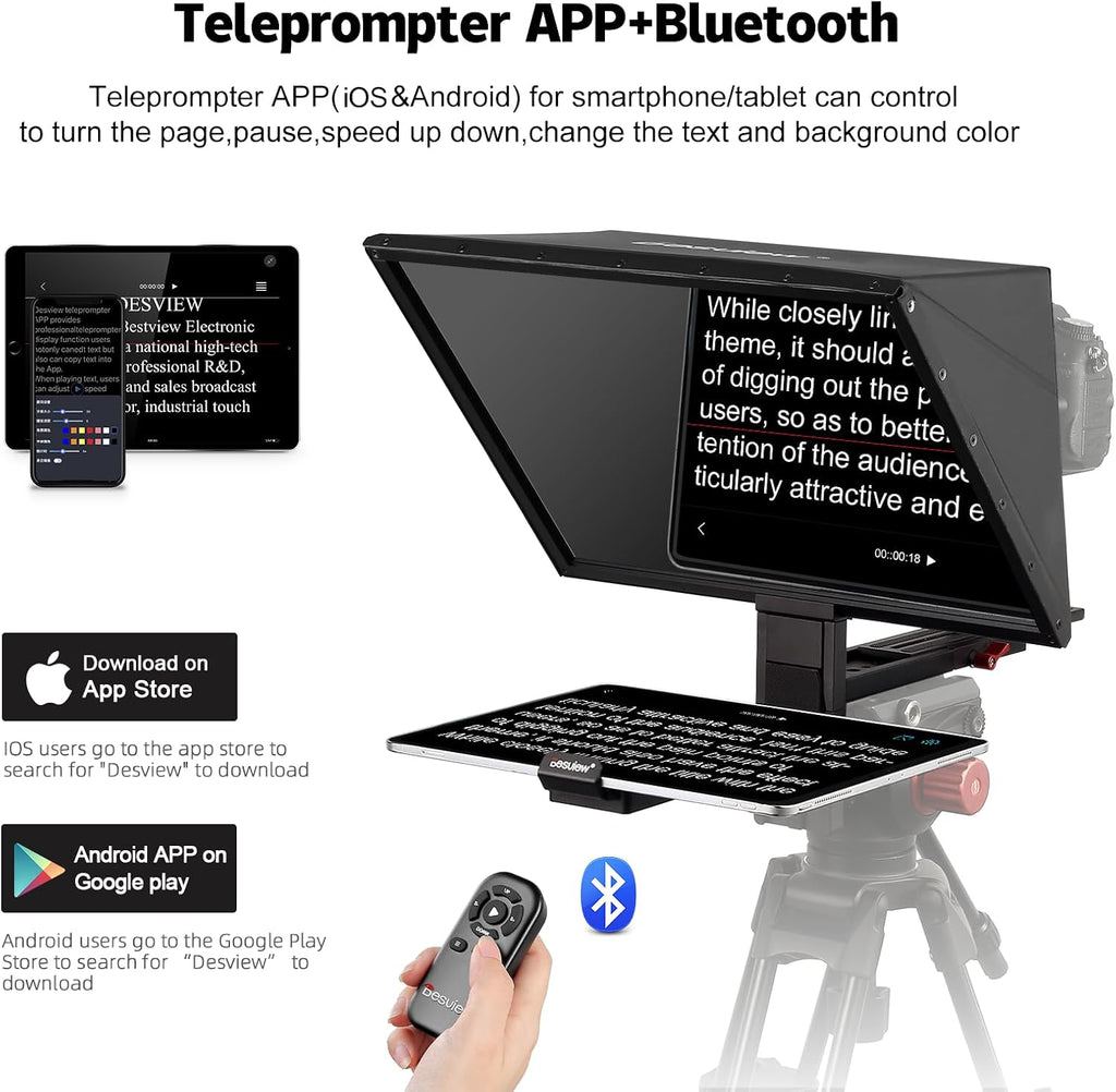 Desview TP170 teleprompter 17 inch High Display Glass Aluminum Alloy Liftable Teleprompter with Remote Control Compatible with ipad DSLR Camcorders Easy Assembly with Carry Case for Video Making