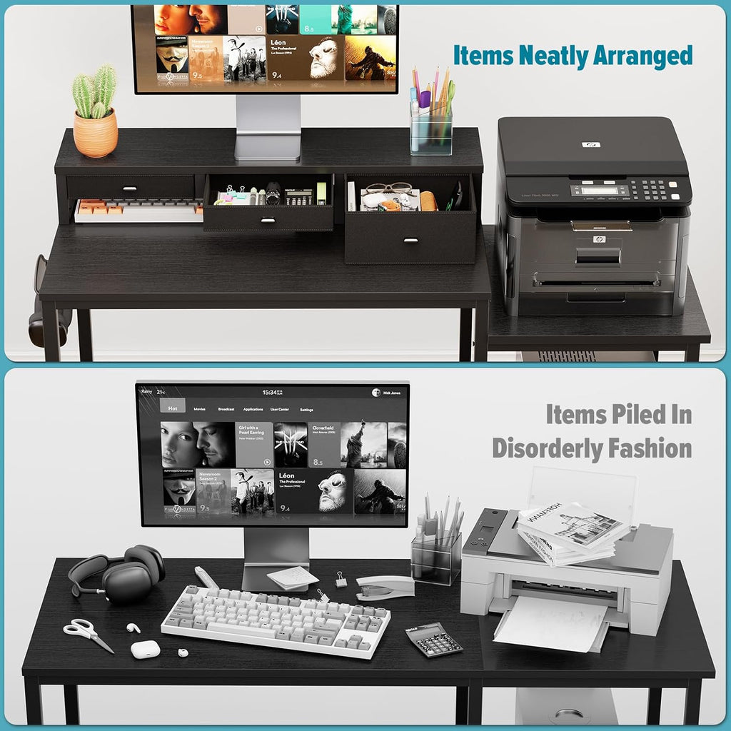 SINPAID 47 inch Computer Desk with Printer Shelf, Gaming Desk with Monitor Stand and Drawers, Reversible Home Office Desk with Storage Shelves and 2 Hooks, Home Workstation for Study Writing, Black
