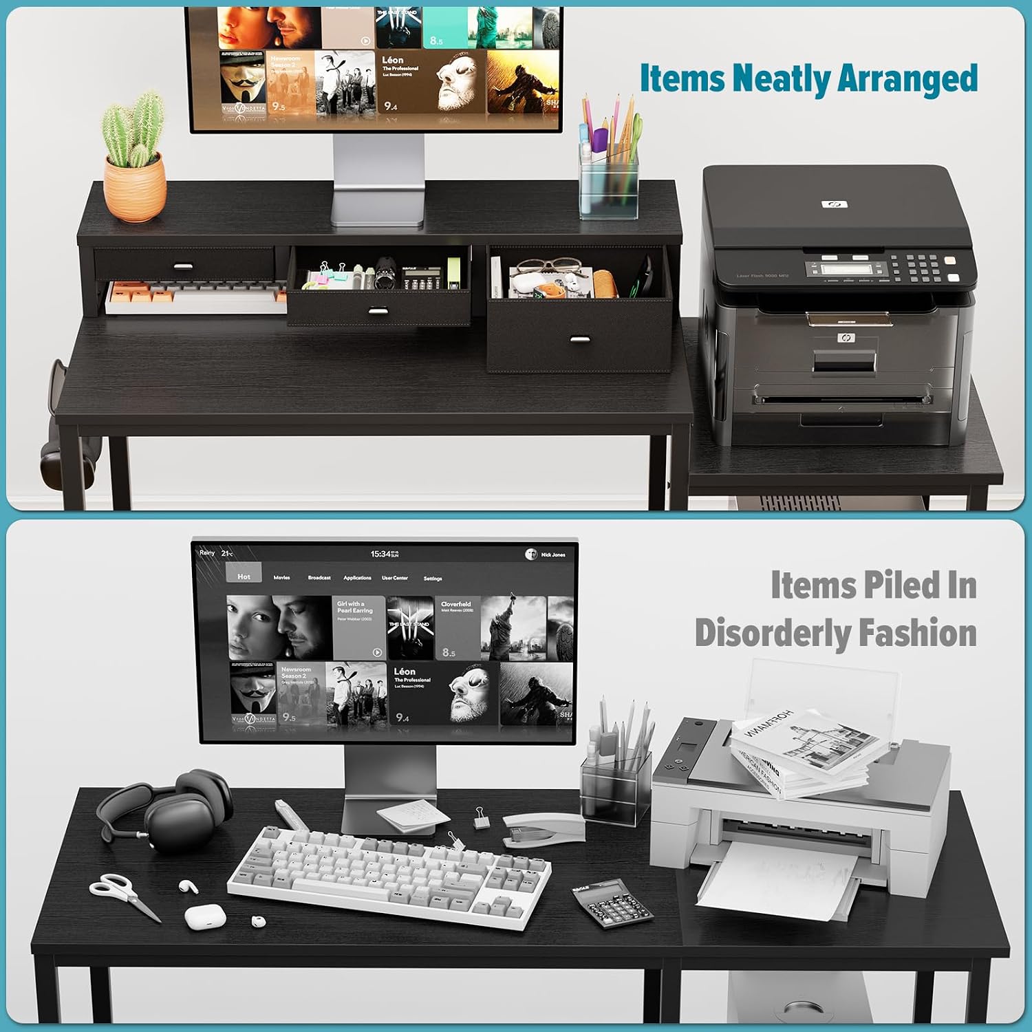 SINPAID 47 inch Computer Desk with Printer Shelf, Gaming Desk with Monitor Stand and Drawers, Reversible Home Office Desk with Storage Shelves and 2 Hooks, Home Workstation for Study Writing, Black