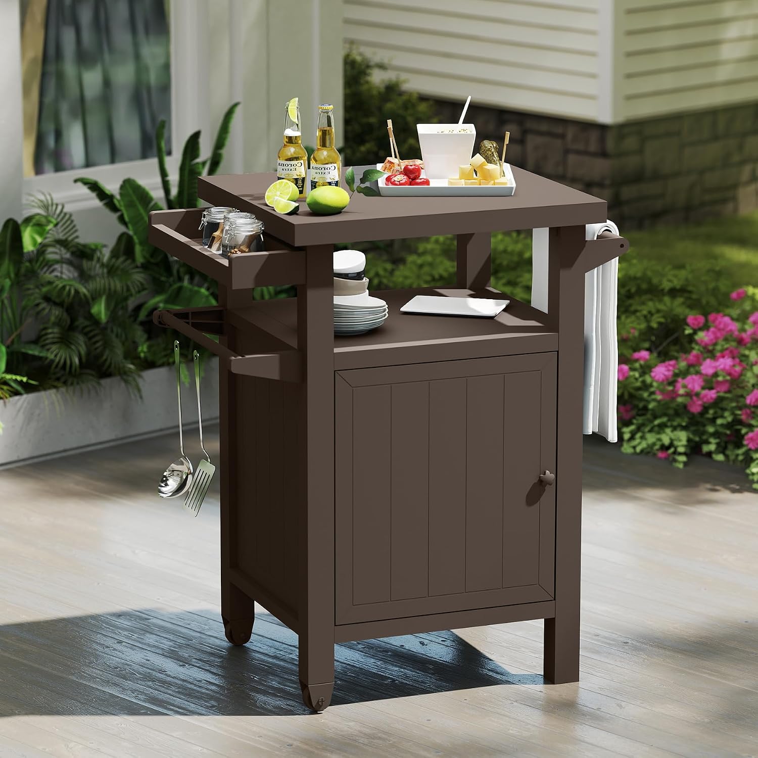 Grill Cart Outdoor with Storage Cabinet, Portable Rolling Patio Bar Cart with Wheels, BBQ Prep Table, Movable Stainless Steel Kitchen Island Dining Cart for Food/Drink/Cooking -Brown